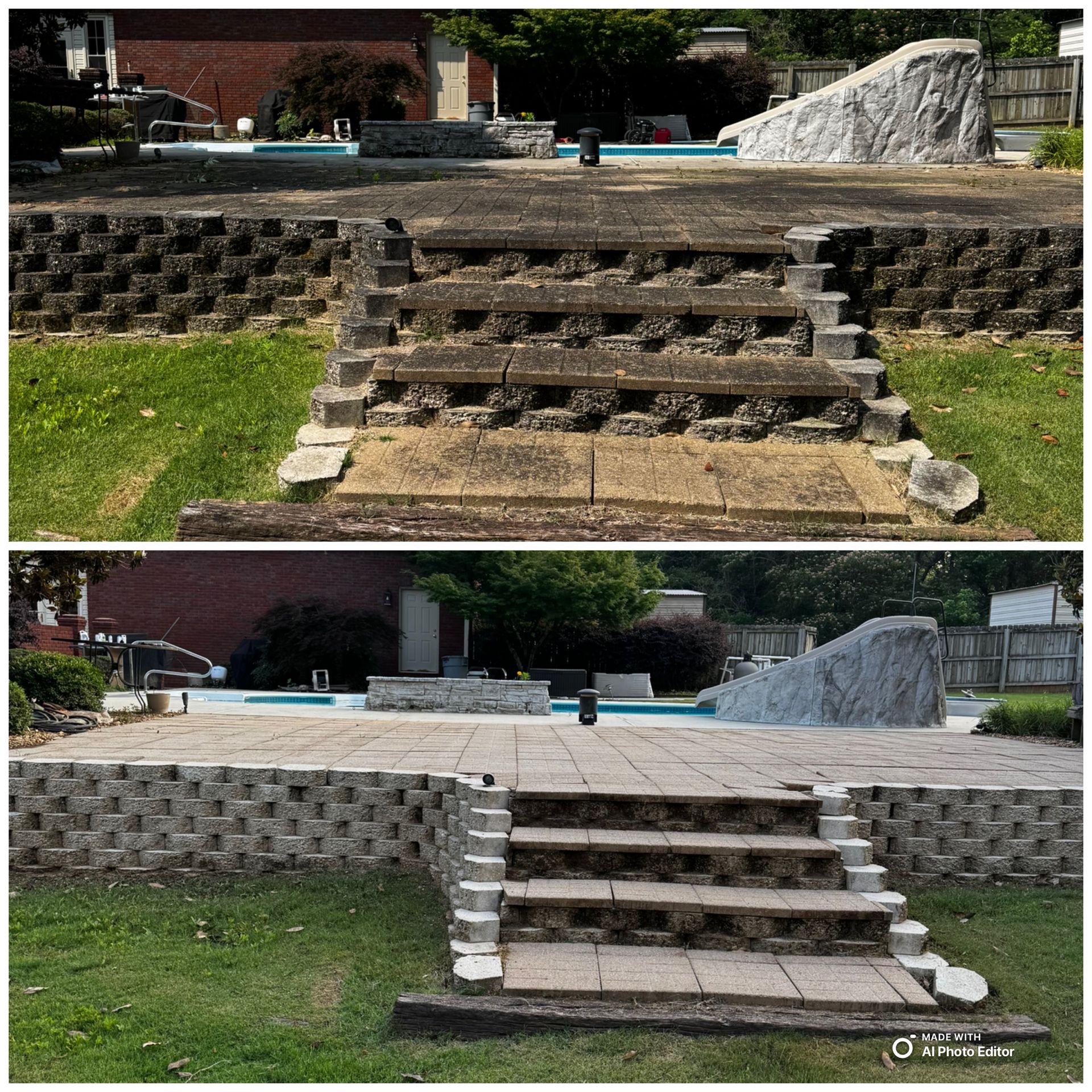 Before-and-after of a backyard with a pool and steps; dirty concrete cleaned, showing brighter pavers and retaining wall.