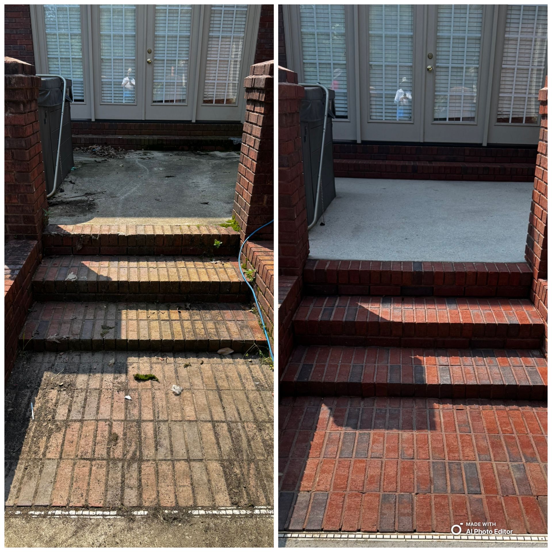 Before and after of brick steps and patio cleaned, showing a dramatic color difference.
