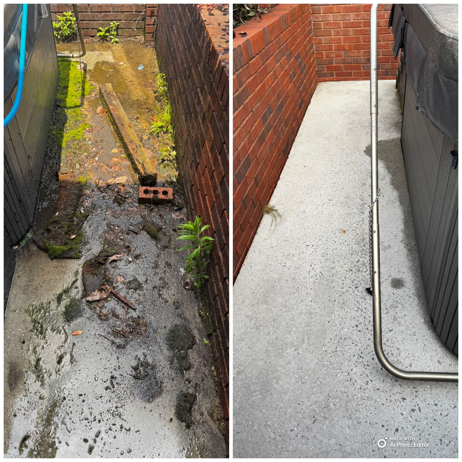 Before and after view of a concrete patio, showing cleaning process. Left is dirty with debris, right is clean.