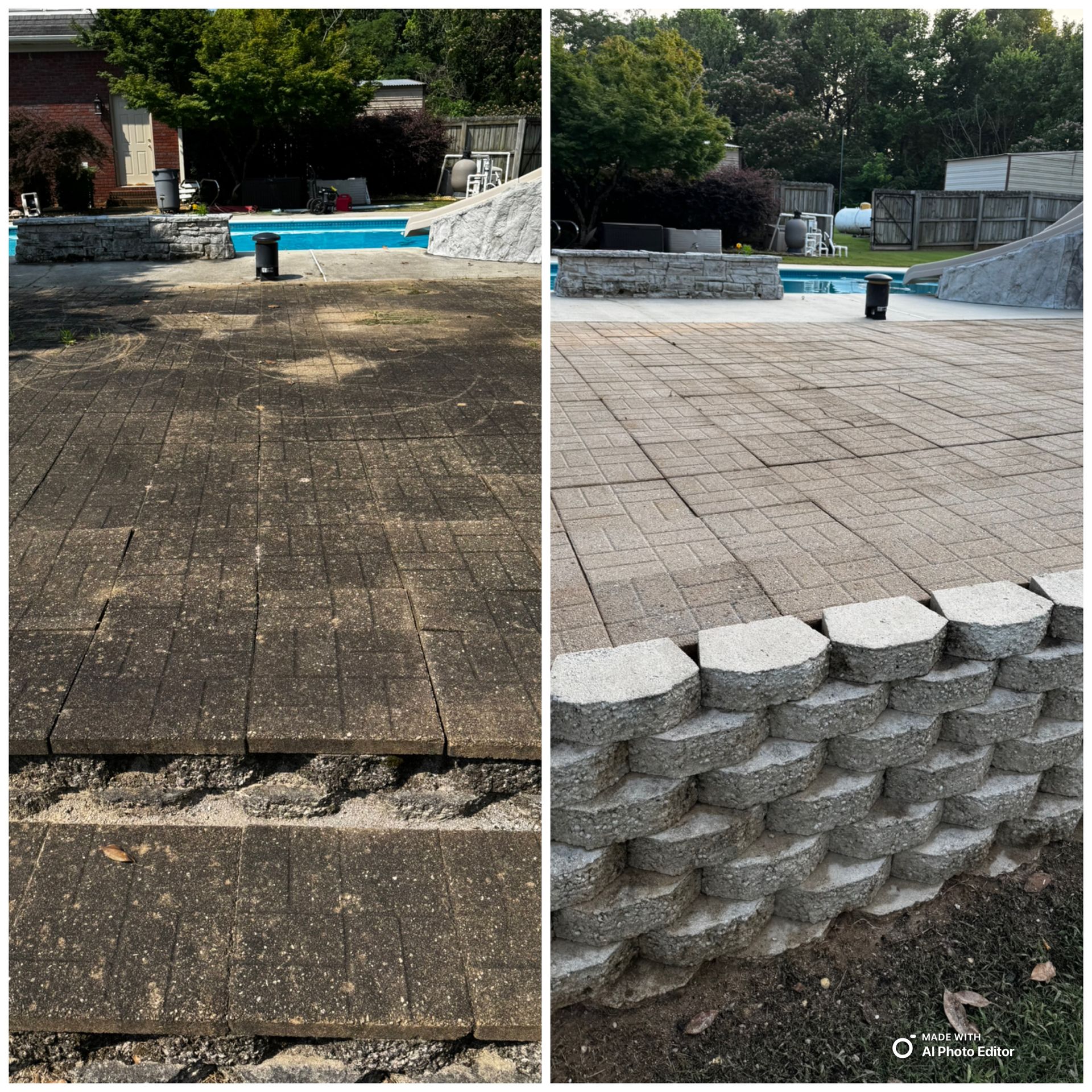 Before and after of brick patio, dirt, and pool construction; pavers, stone retaining wall, and debris.