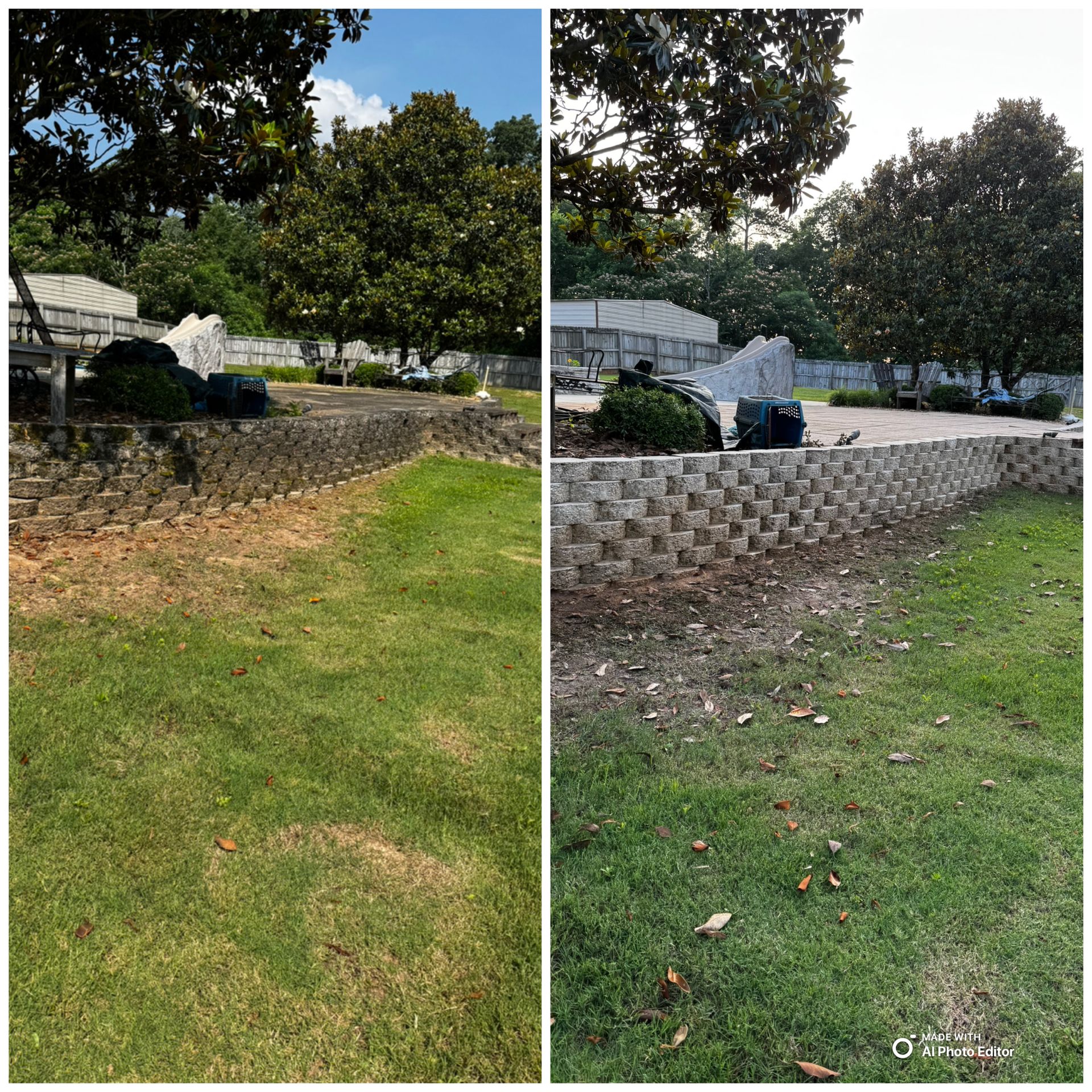 Two photos side-by-side: A green yard and brick retaining wall with trees; one photo with bright sun, the other with shaded sunlight.