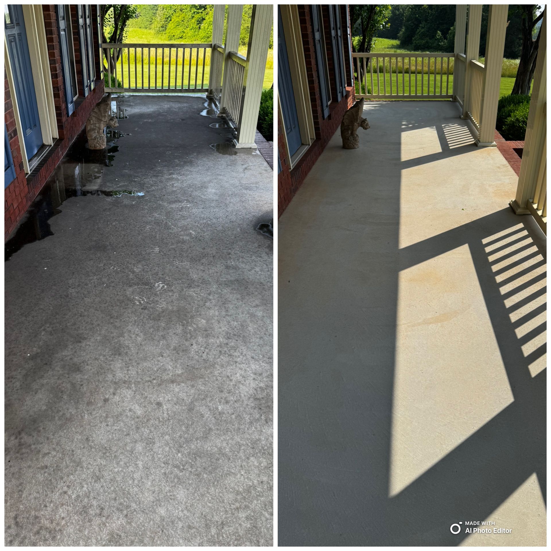 Before and after images of a concrete porch; dirty, then clean.