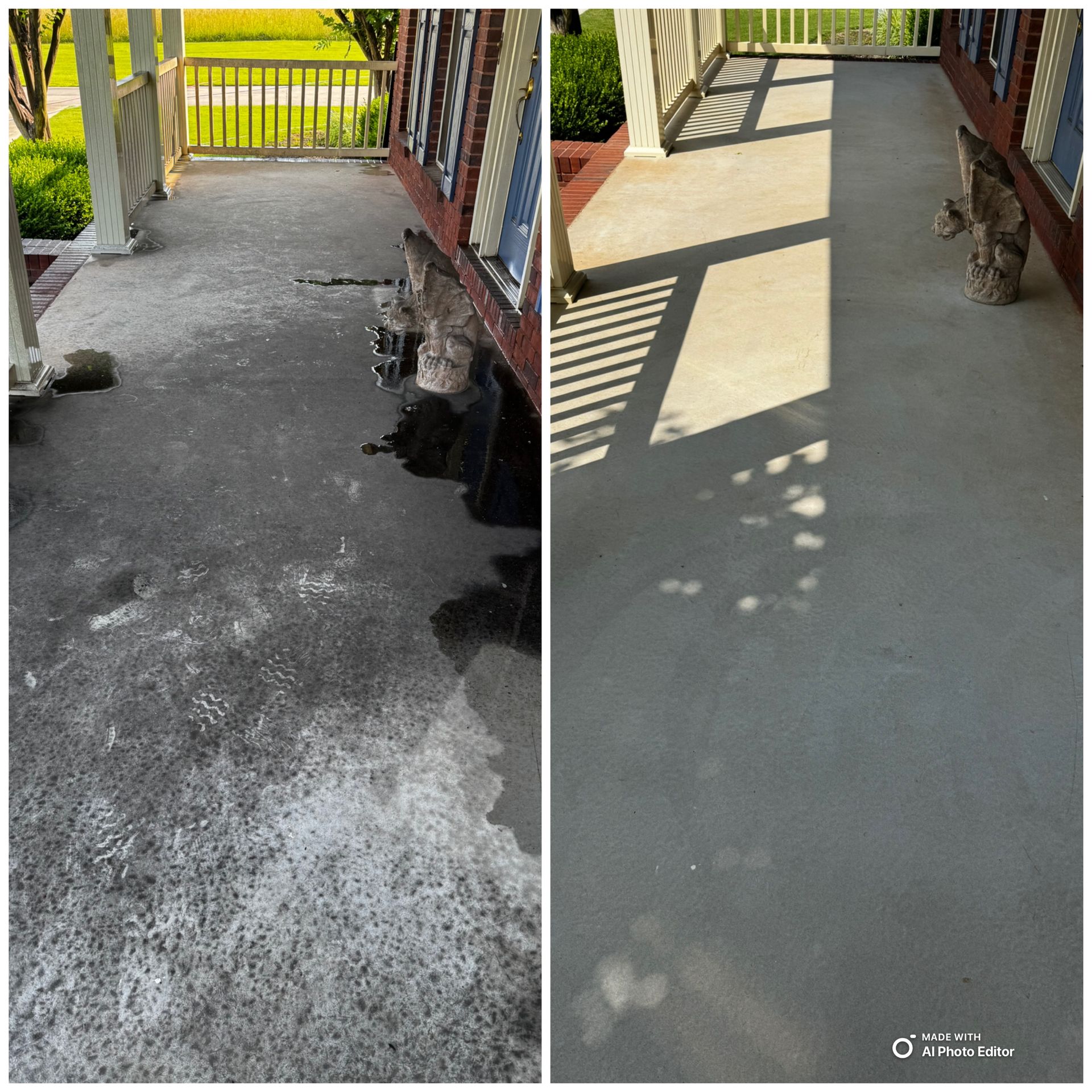 Before and after view of a concrete porch cleaning, showing the transformation from dirty to clean.