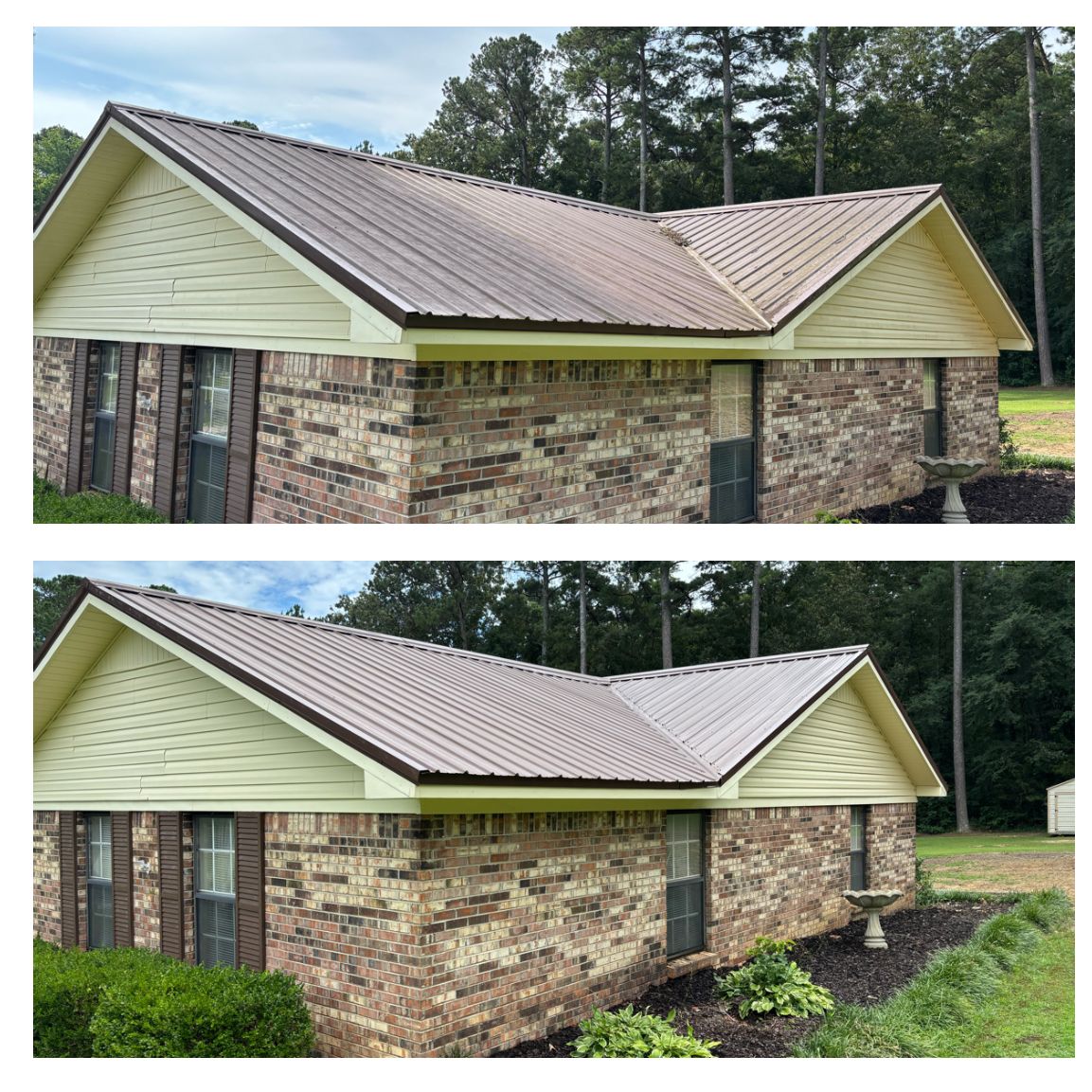 Before and after of a brown metal roof being cleaned on a brick house with brown shutters and a green yard.