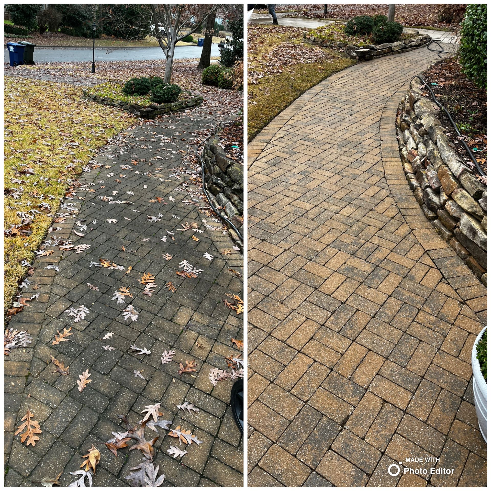 Before and after of a brick walkway cleaned. Left: dirty with leaves. Right: clean brick and stone wall.