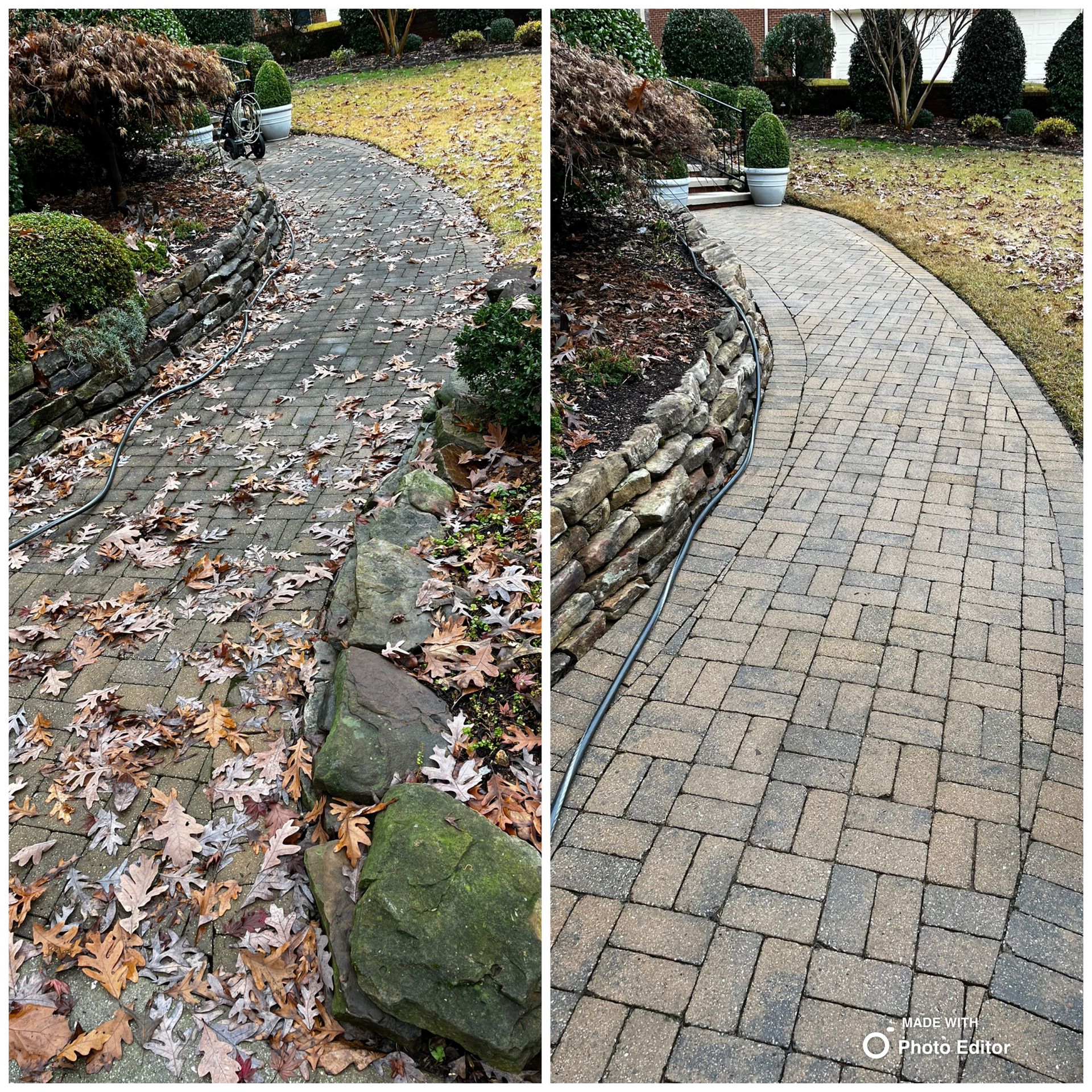Before and after of a brick pathway cleaned of leaves, showing the transformation.