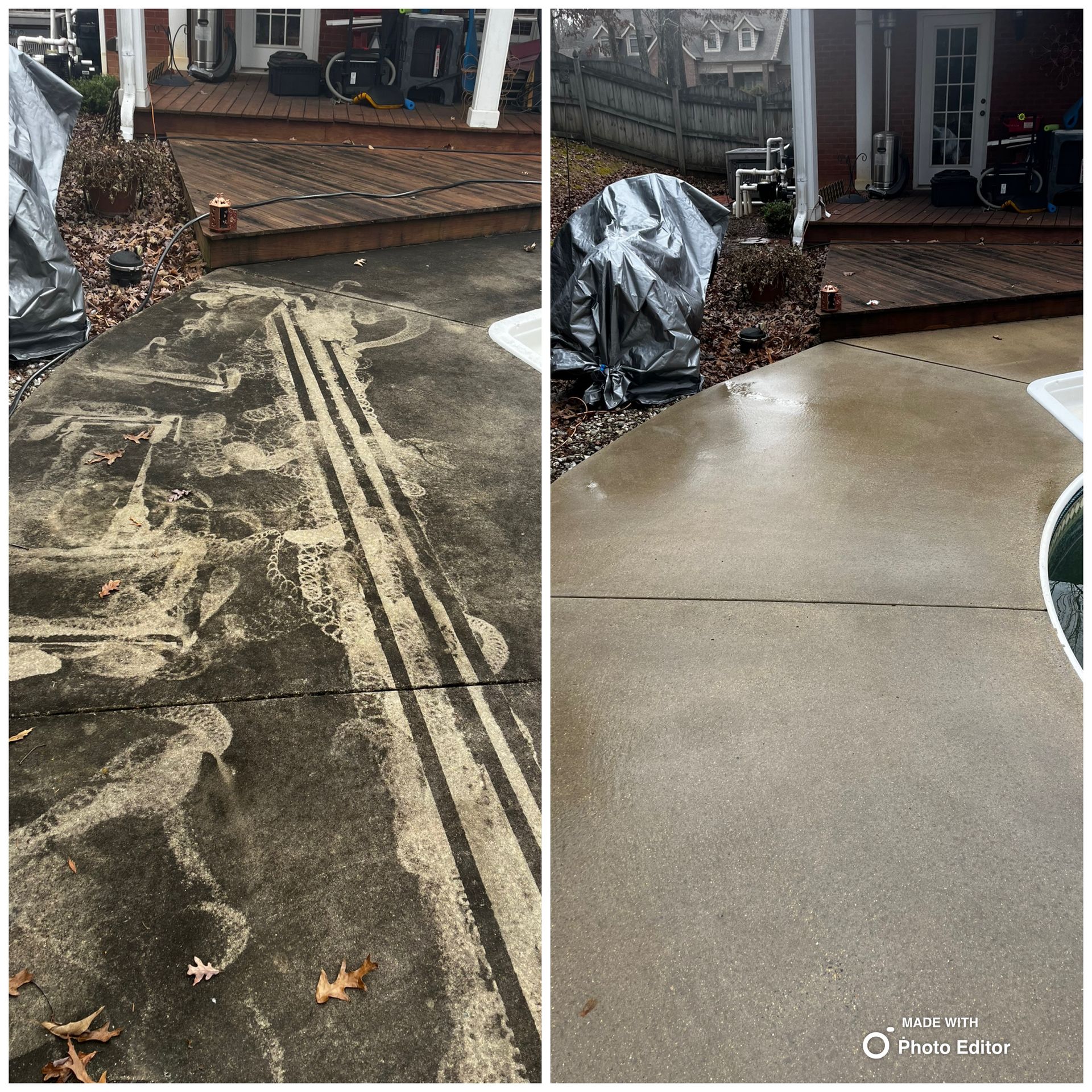 Before and after shots of a concrete walkway. Left side shows dirt, the right side is cleaned.