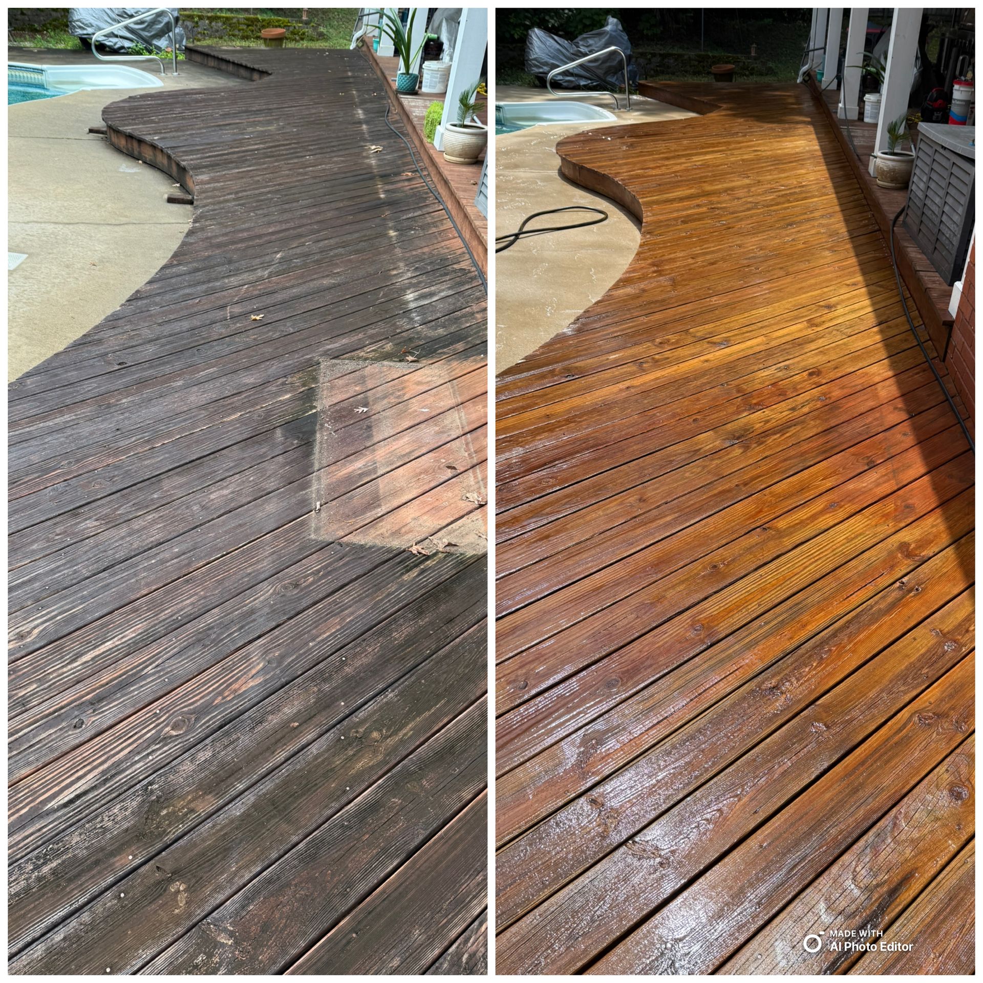 Deck before and after cleaning: weathered, dark wood transforms to bright, clean wood with a rich golden hue.