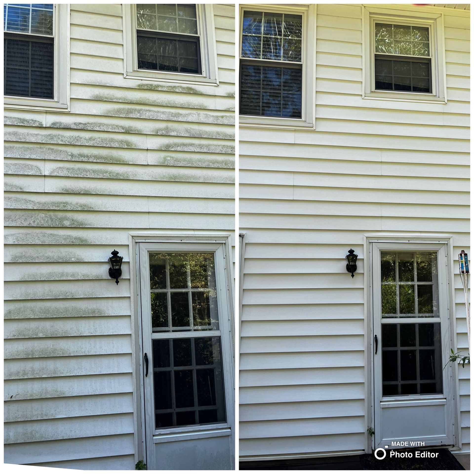 Before and after of a house wall: left side has green mold, right side is clean white siding.