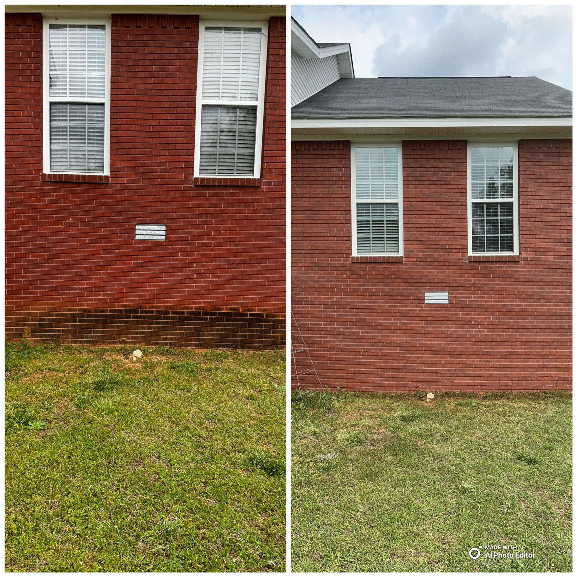 Two brick wall sections with windows, grass, and a roof.