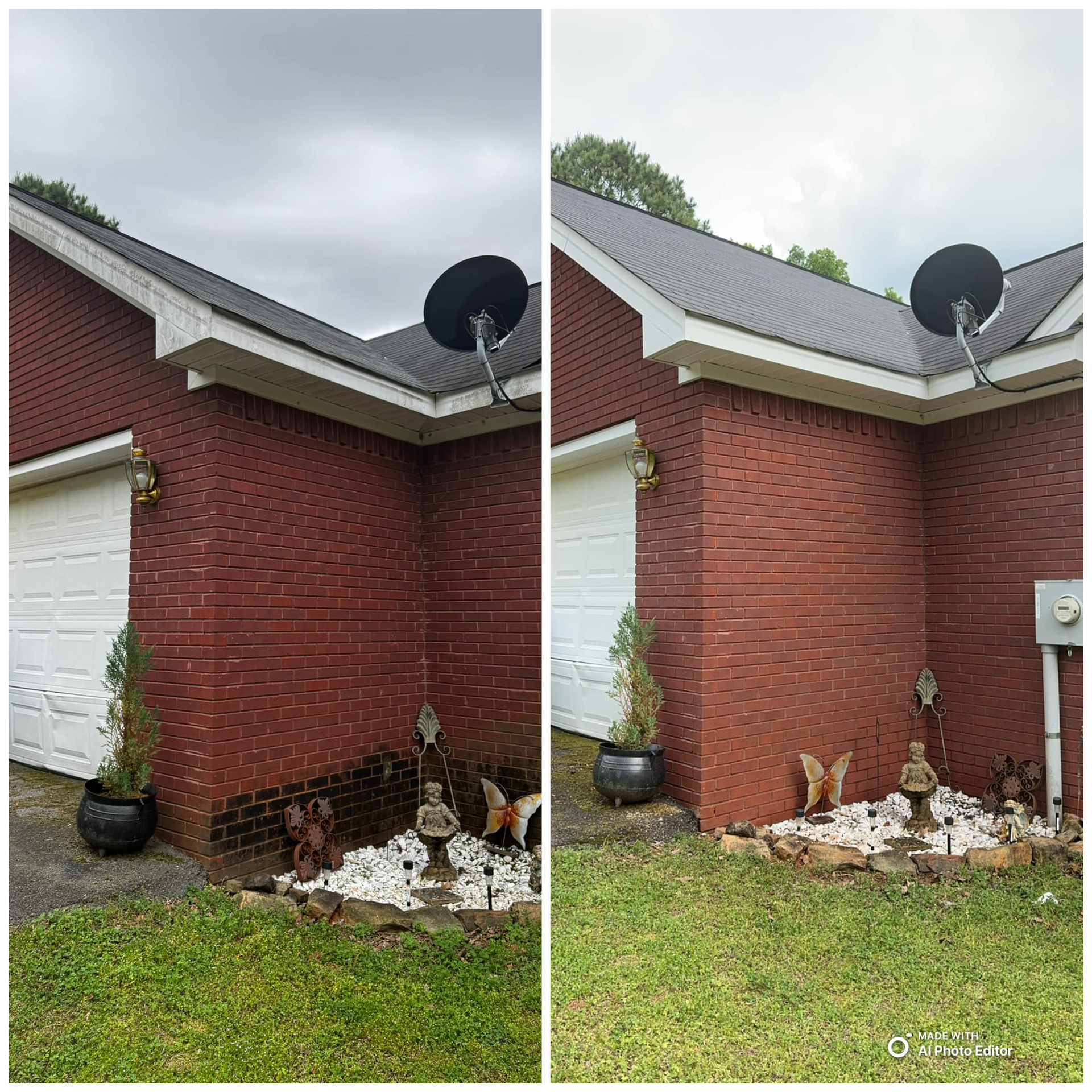 Two-panel image: Left panel shows a brick building with dark residue. Right panel, cleaned brick.