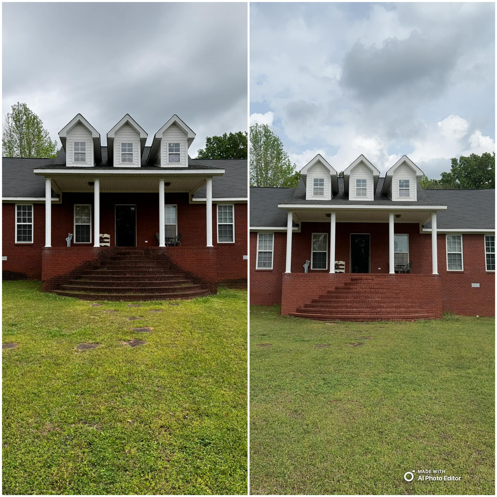 Two photos of a red brick house with a porch and a cloudy sky; the right photo is brighter.