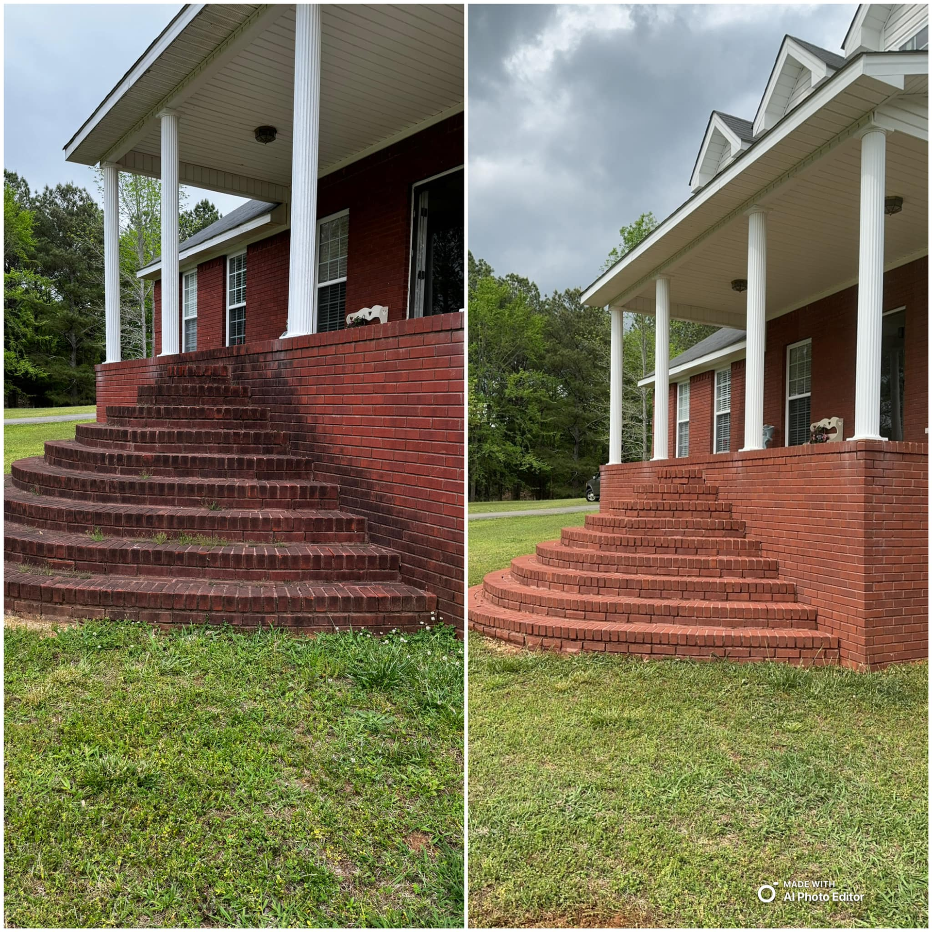 Side-by-side comparison of before/after power washing of brick steps on a house, showing dirt removed and brighter color.
