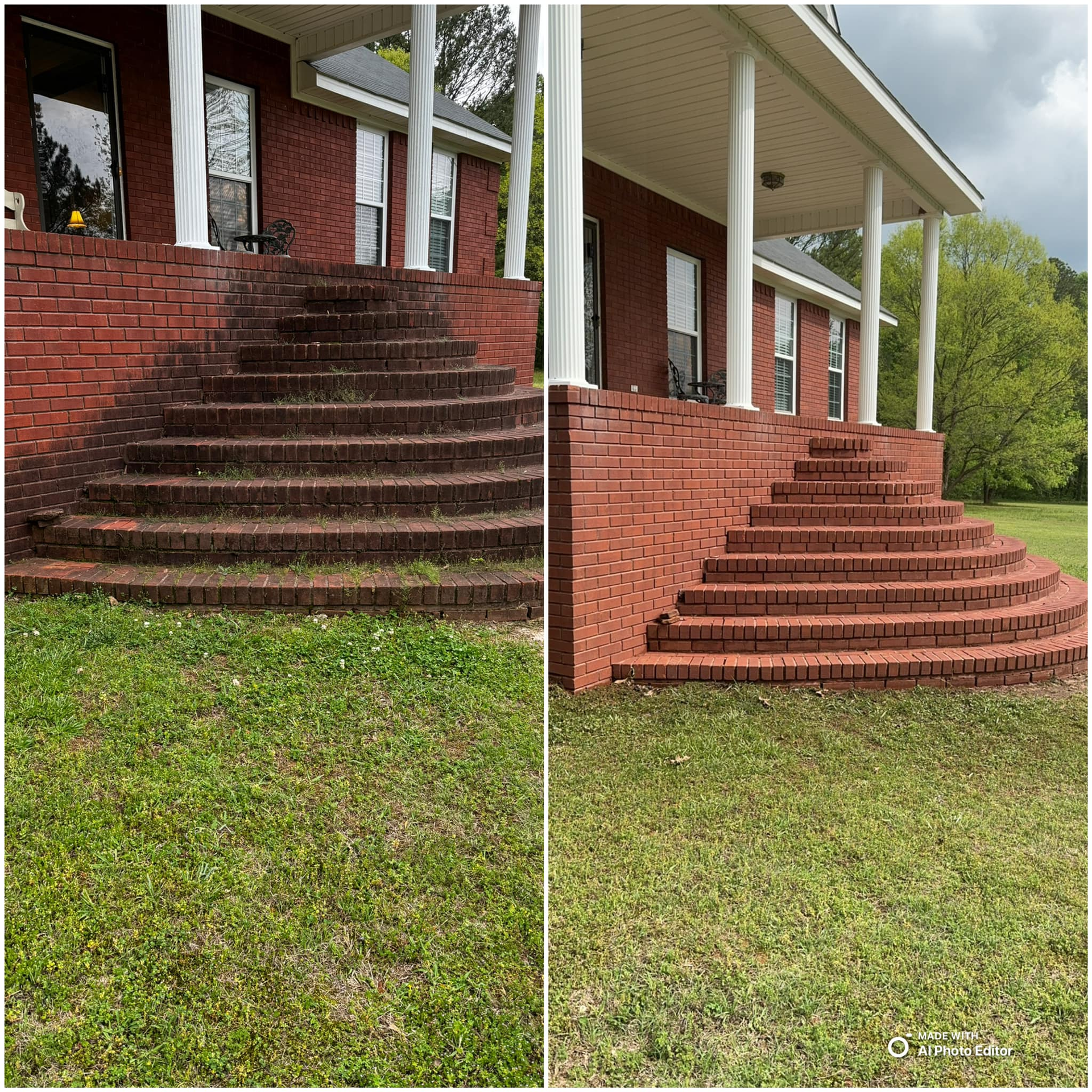 Before-and-after view of brick steps cleaned, transforming from mossy to clean and red, by a white-columned porch.
