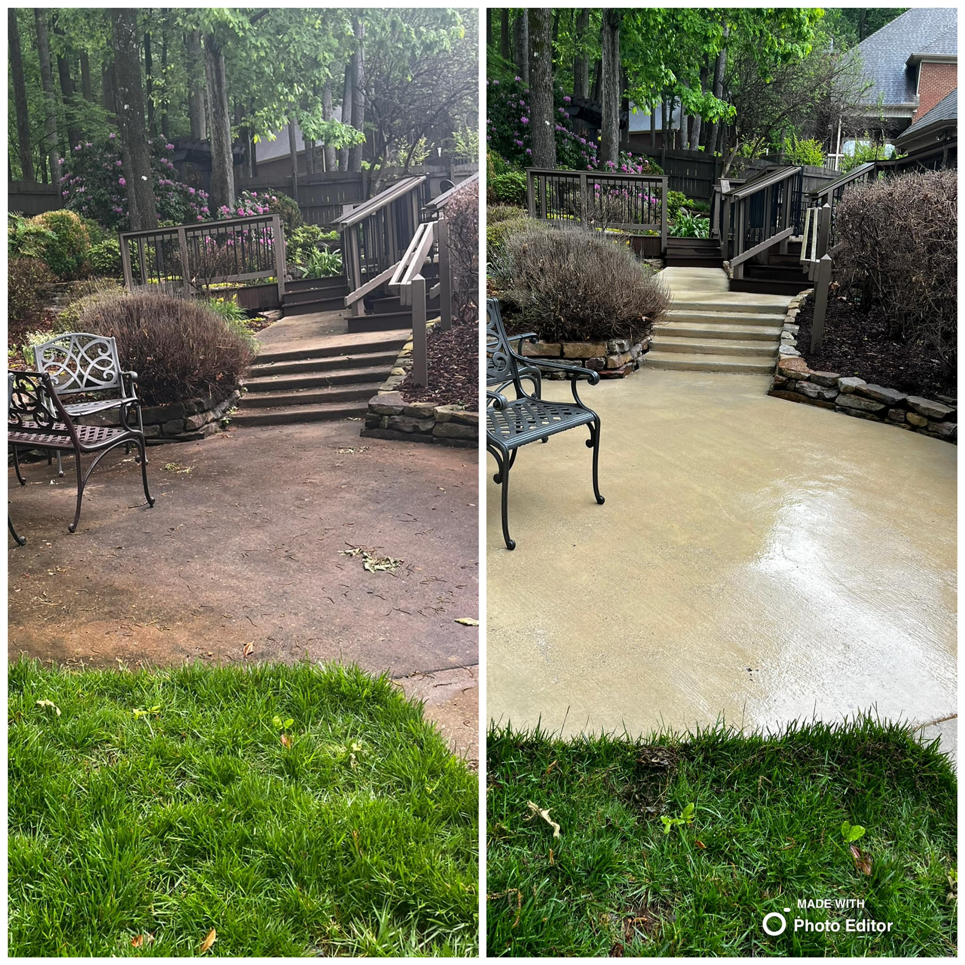 Before-and-after: Dirty patio, grass, stairs cleaned, showing transformation.