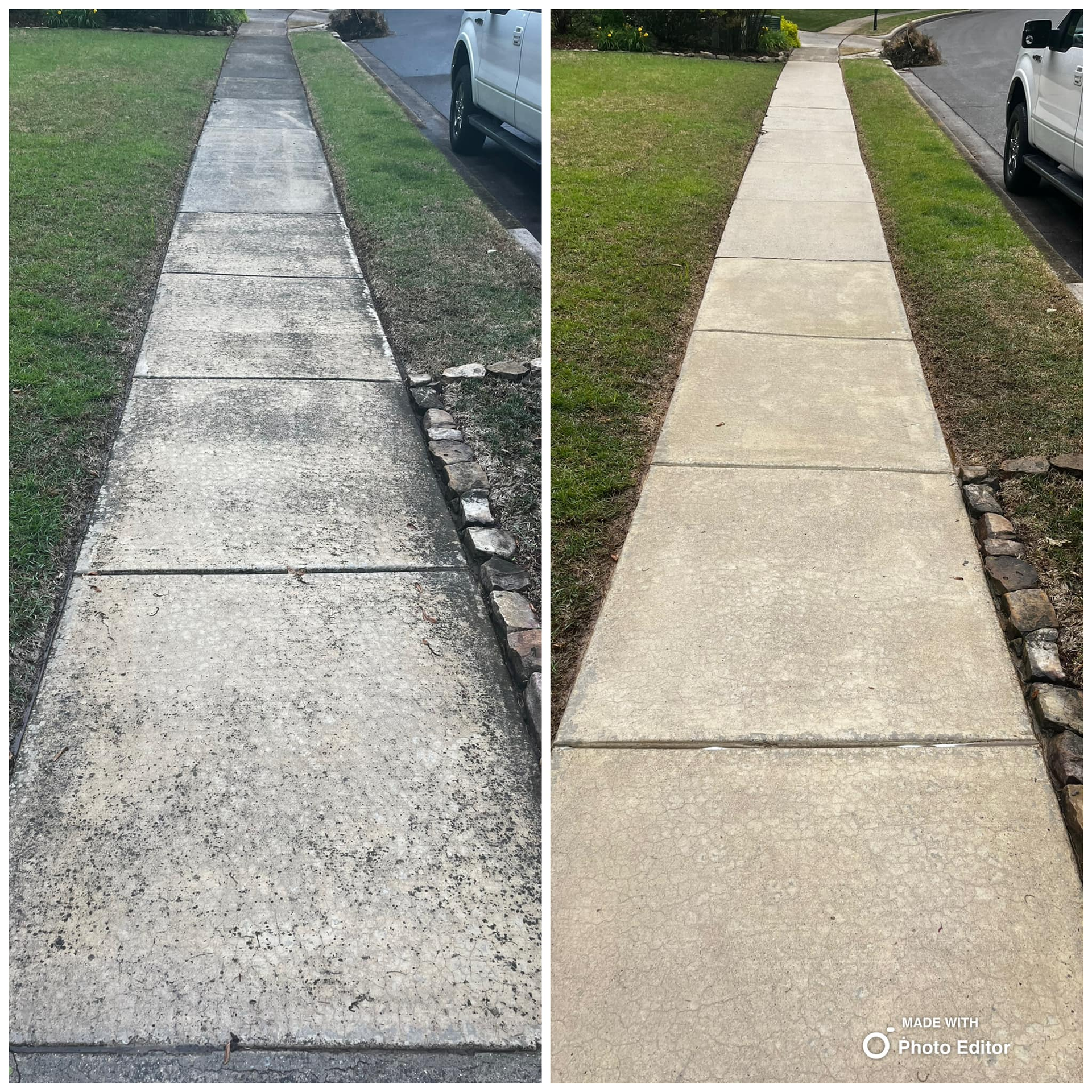 Before and after comparison of a sidewalk cleaning. Dirty sidewalk on left, clean on right.