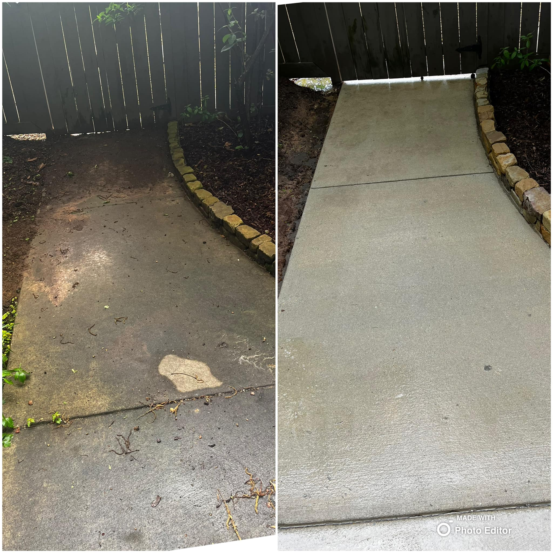 Before and after view of a concrete walkway cleaned with a pressure washer; the right side is clean.