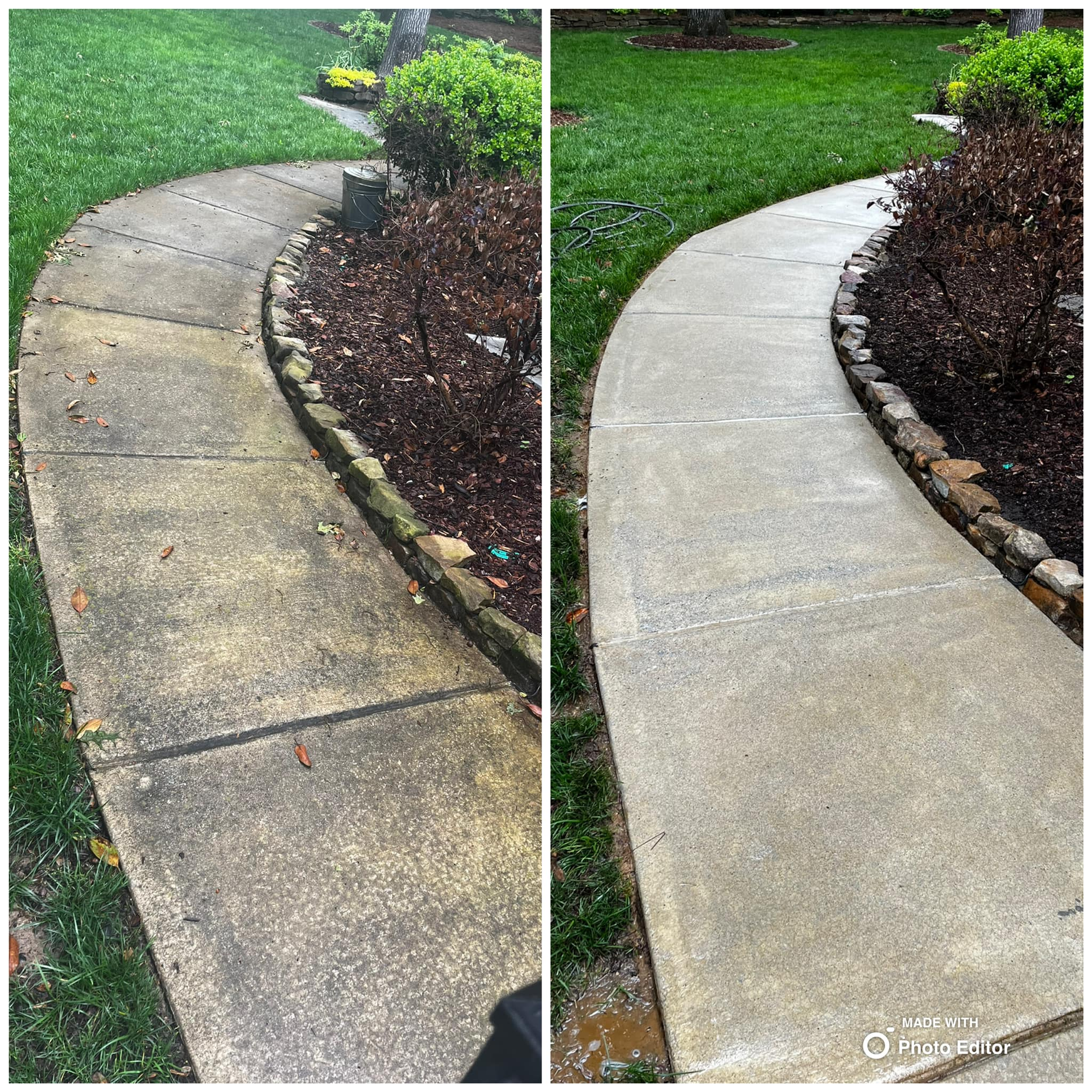 Before and after of a power-washed concrete walkway; grime removed, concrete now clean, edged with landscaping.