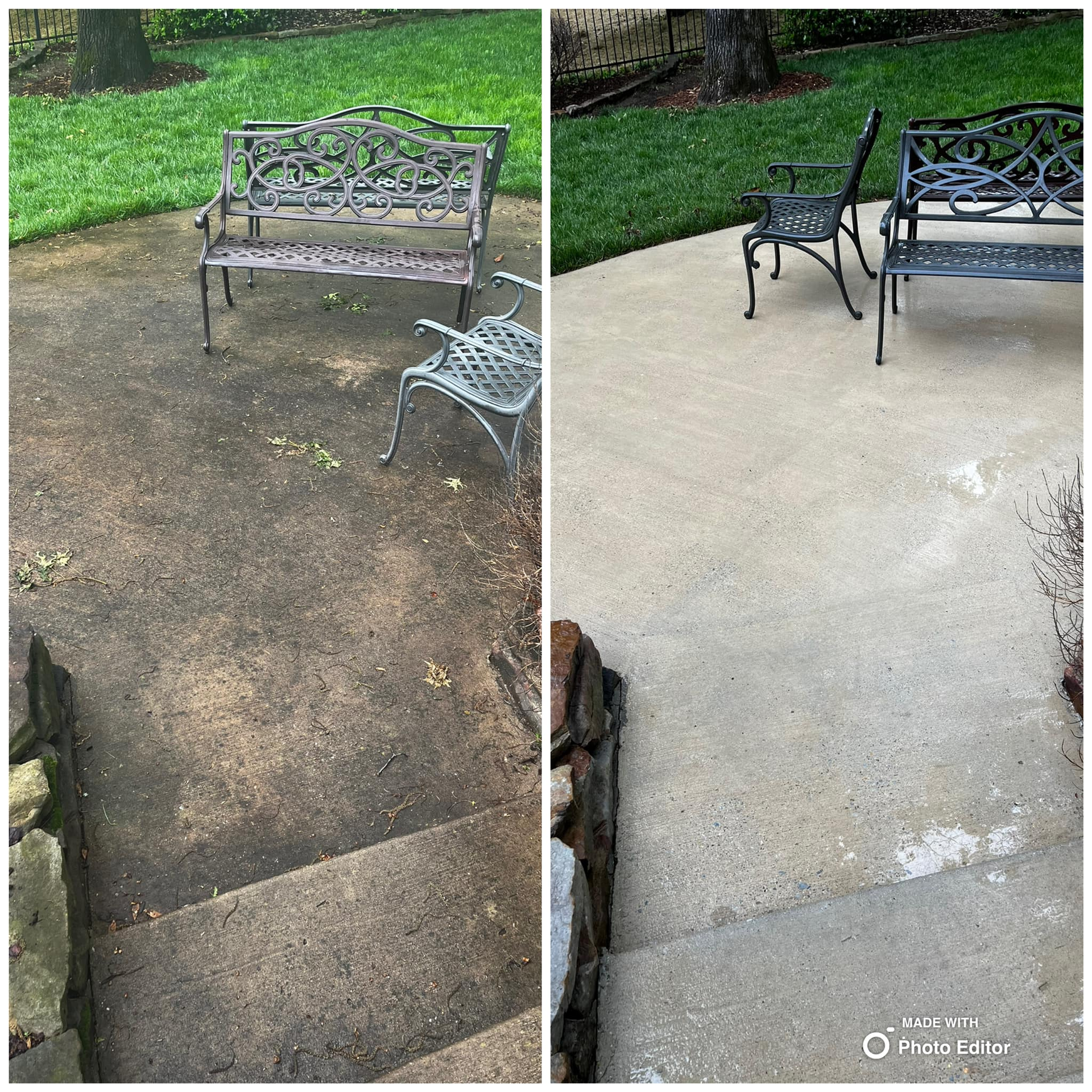 Before and after: Power washed concrete patio and steps, featuring dark metal furniture on the patio, grass, and trees.