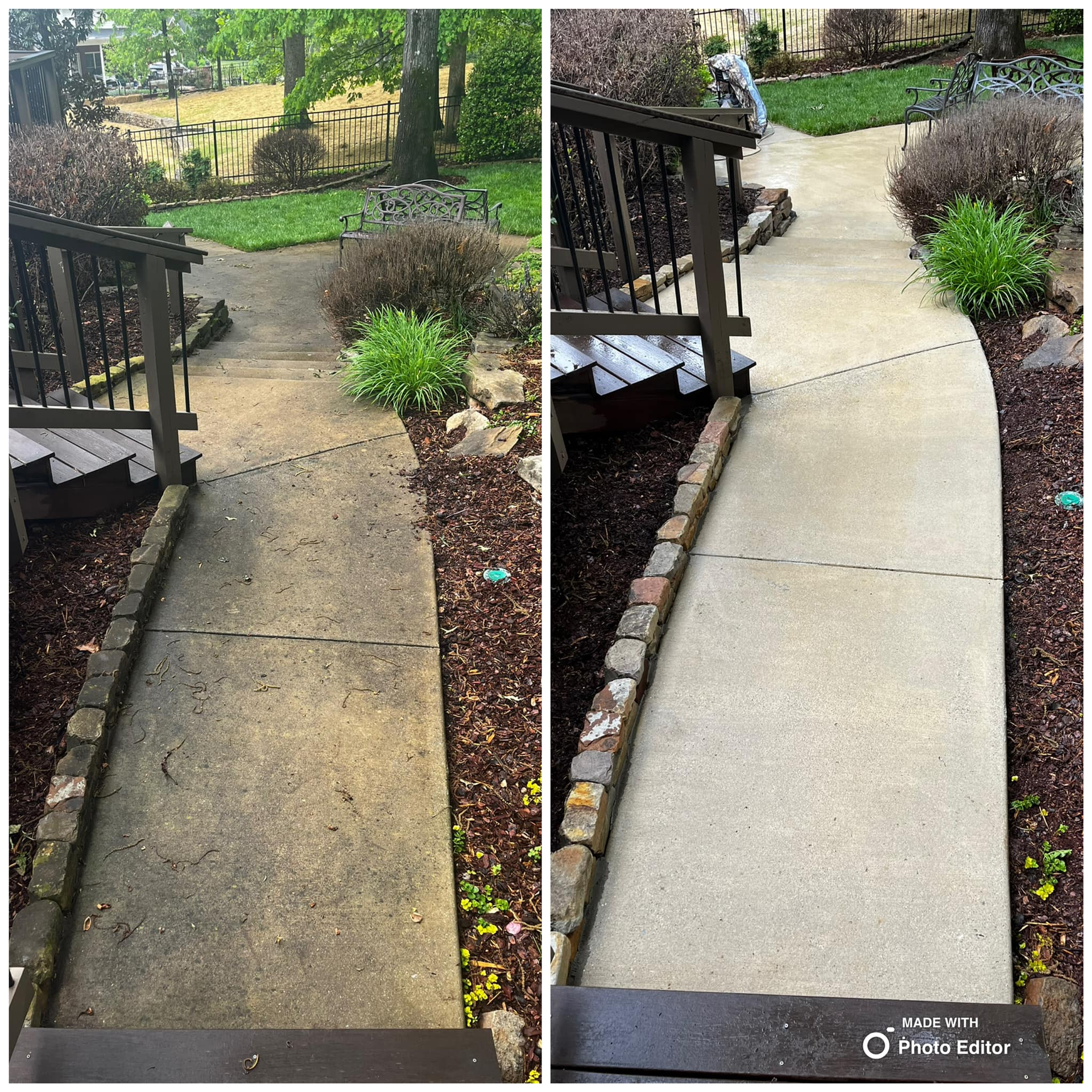 Before and after of a concrete walkway cleaned with power washer. Grungy path is transformed to a clean one.