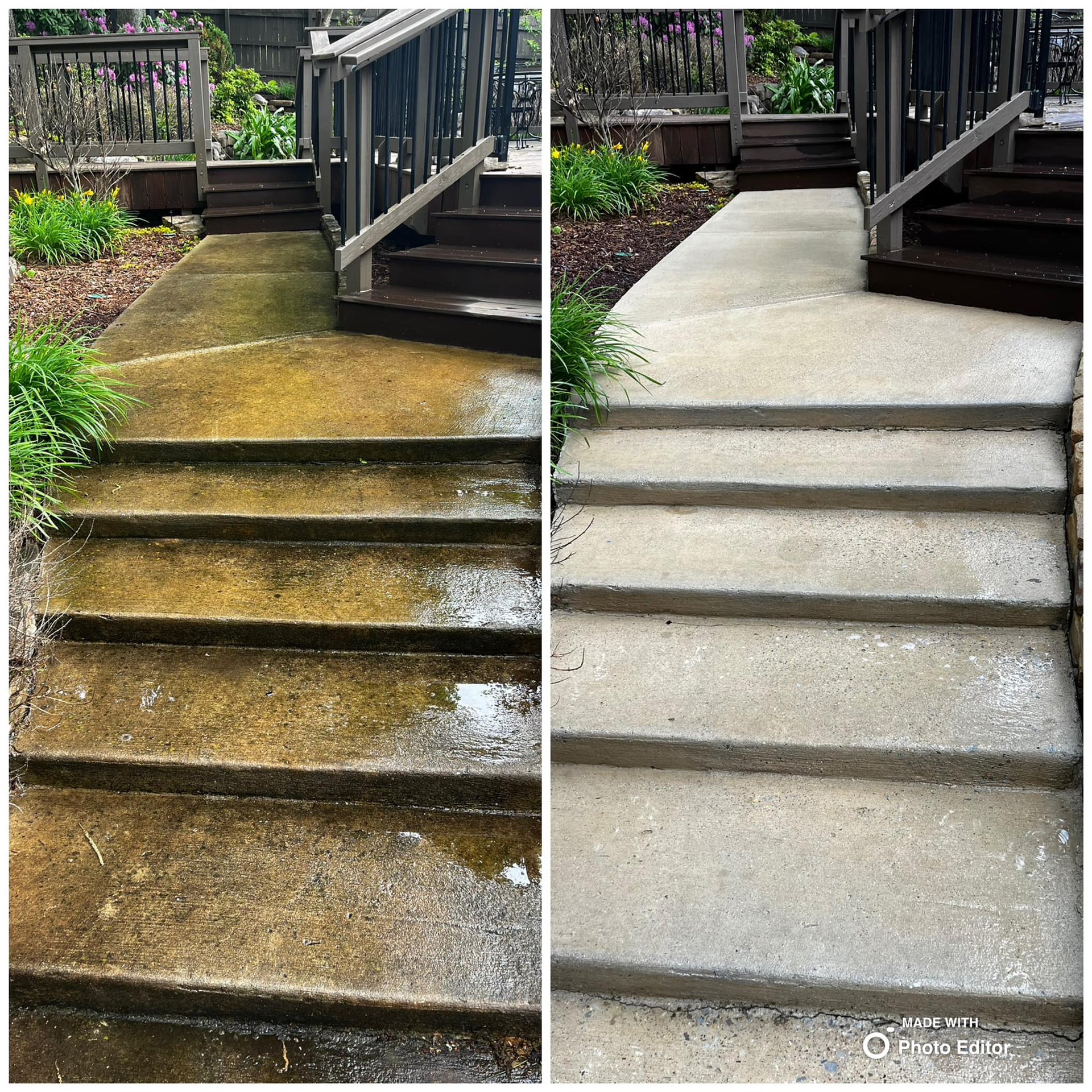Before and after of concrete steps and walkway, showing pressure washing cleaning.