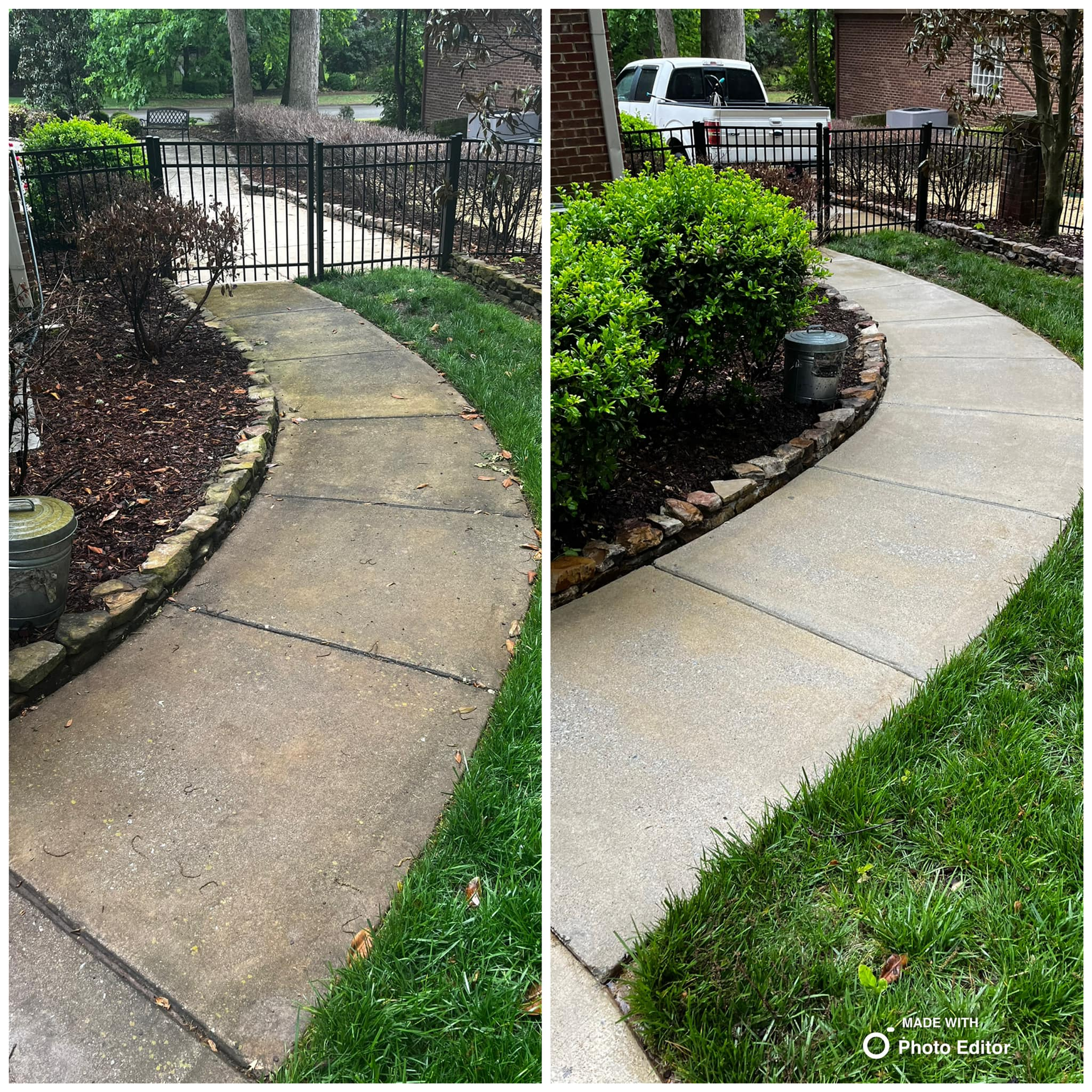 Before and after of a concrete walkway, cleaned to a lighter color. One side is dull and dirty, the other is bright and clean.