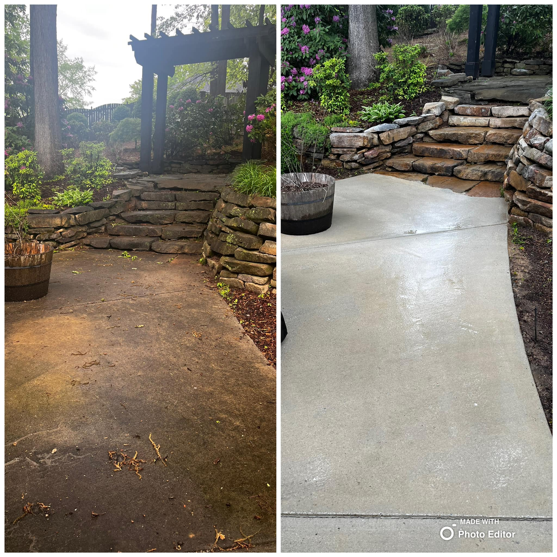 Before and after of a concrete patio cleaning, revealing a clear, bright surface.