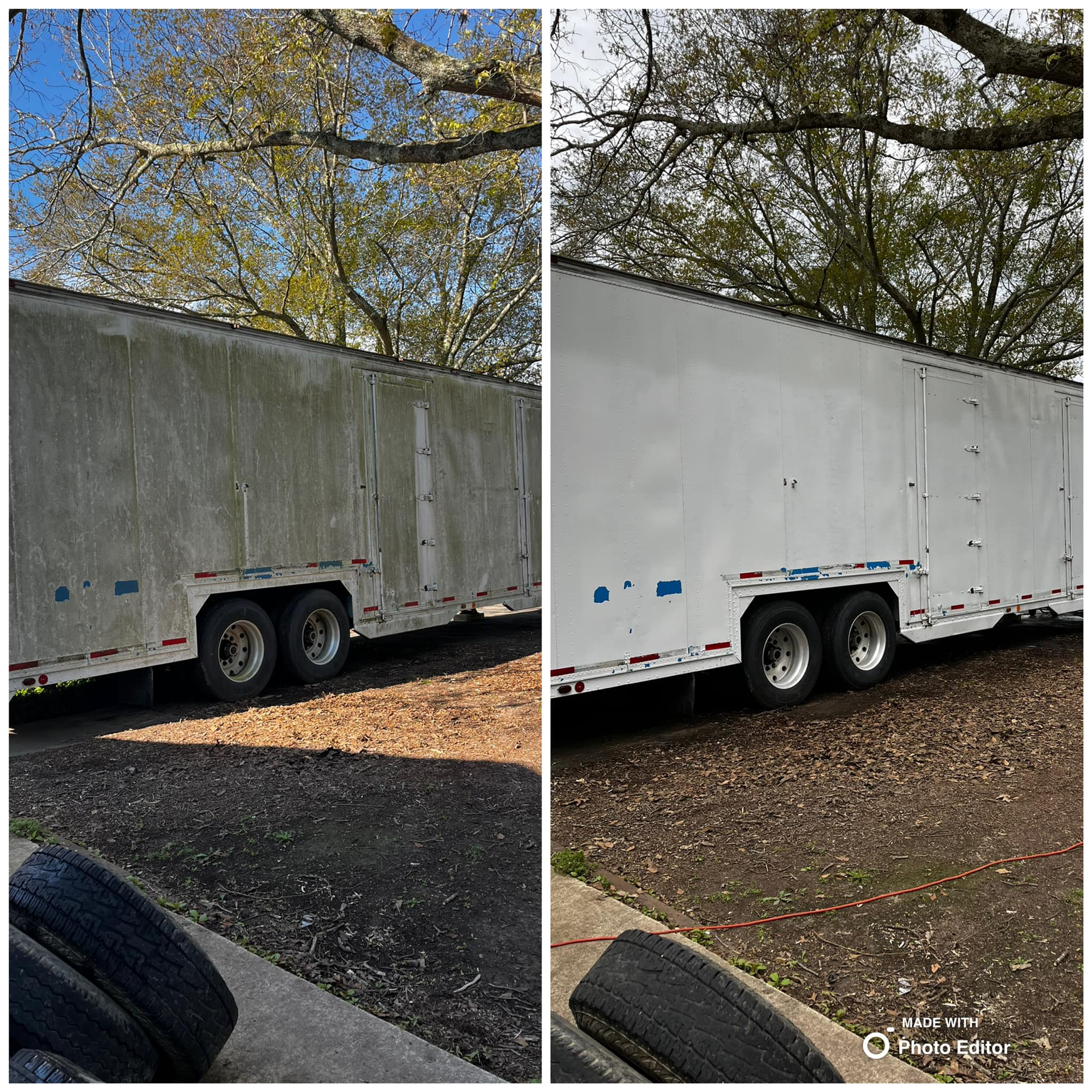 Before and after of a trailer cleaning. Dirty trailer on the left, clean white trailer on the right.