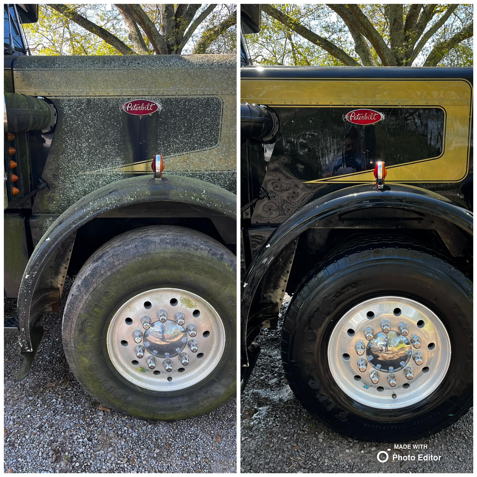 Before and after of a semi-truck wash. Dirt and grime removed from the black truck and tires.
