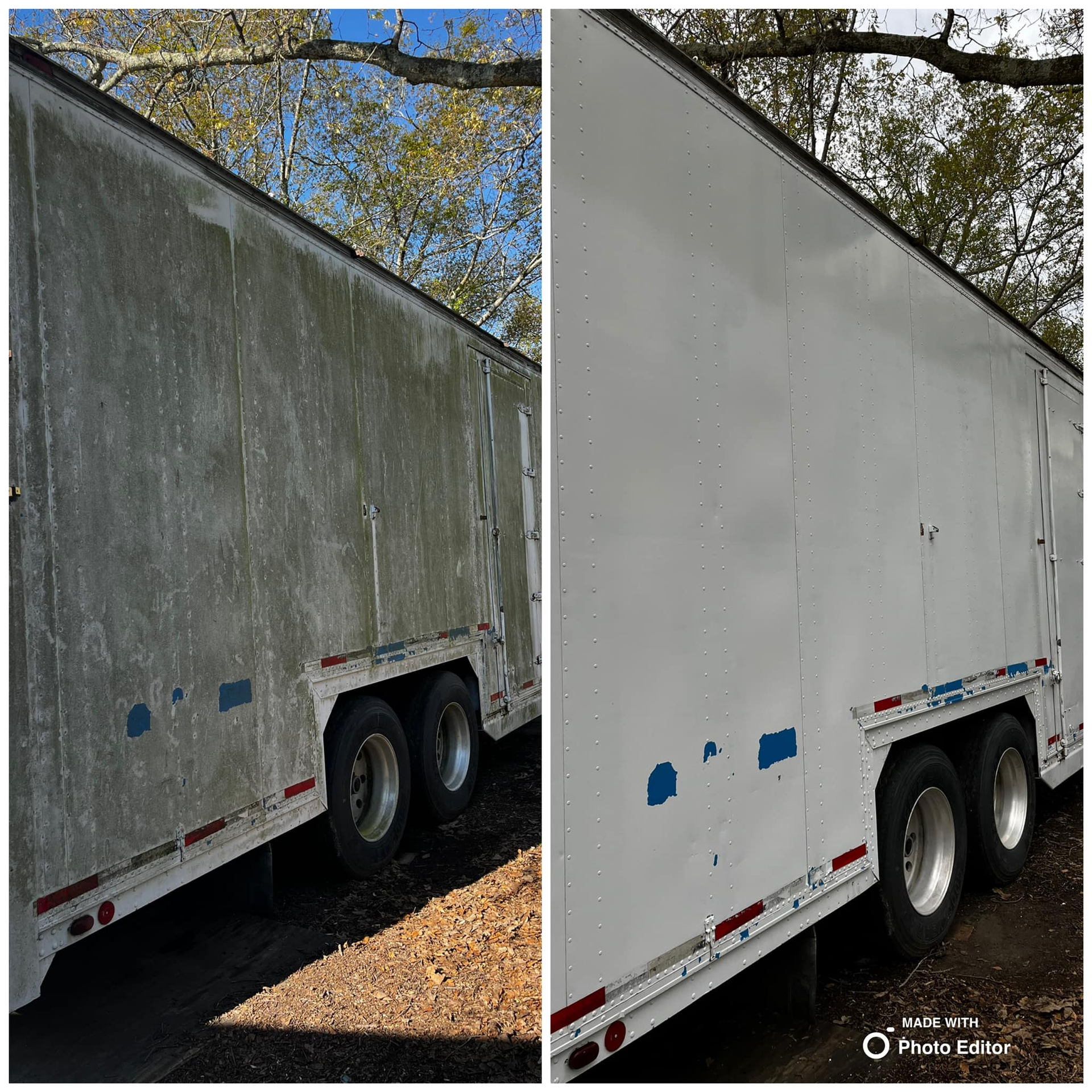 Side-by-side comparison of a dirty and clean white trailer, showing a dramatic improvement after cleaning.