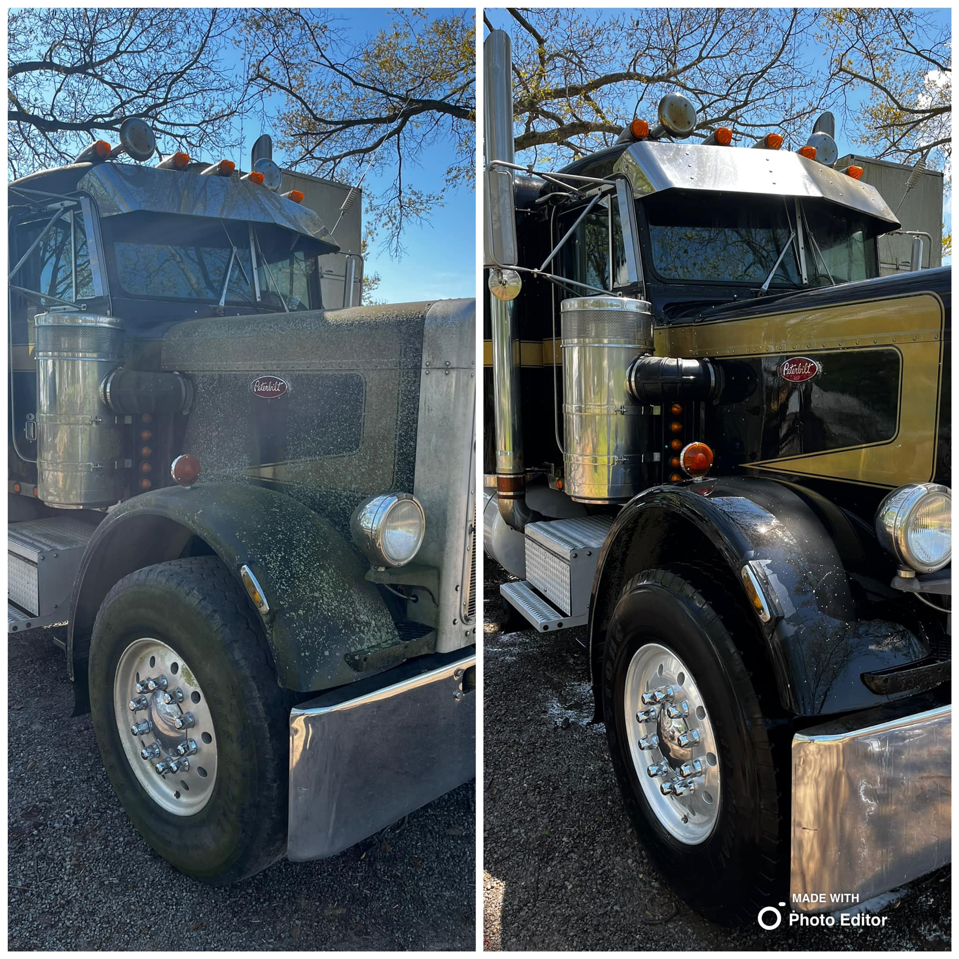 Two photos side-by-side, before and after, showing a vintage semi-truck being cleaned. The truck is black and silver.