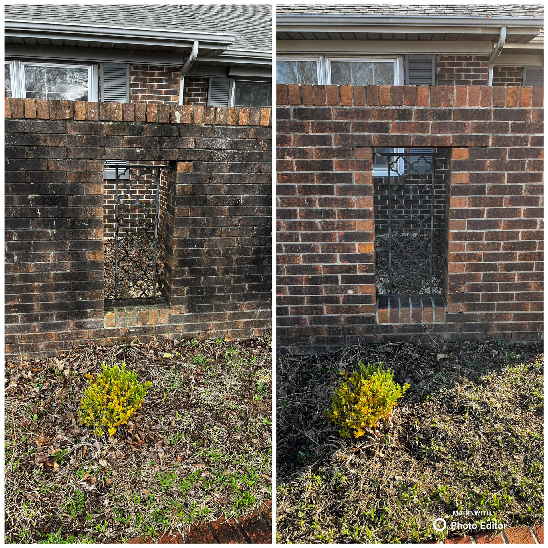 Brick wall before and after cleaning; dark, soiled bricks transformed to clean red bricks.