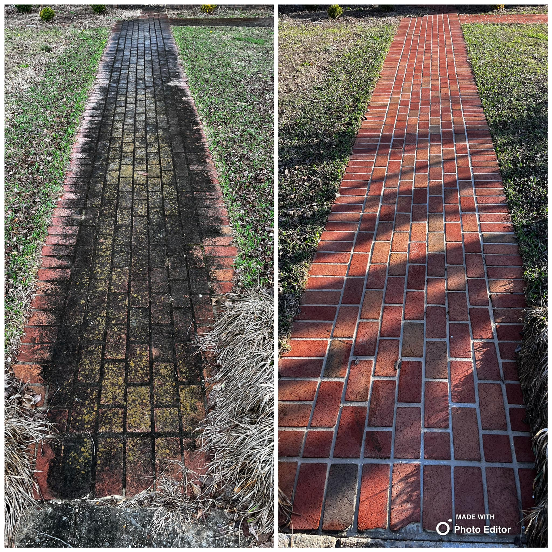 Before-and-after of a brick pathway; before is covered in moss, after is clean, red bricks, in a grassy yard.