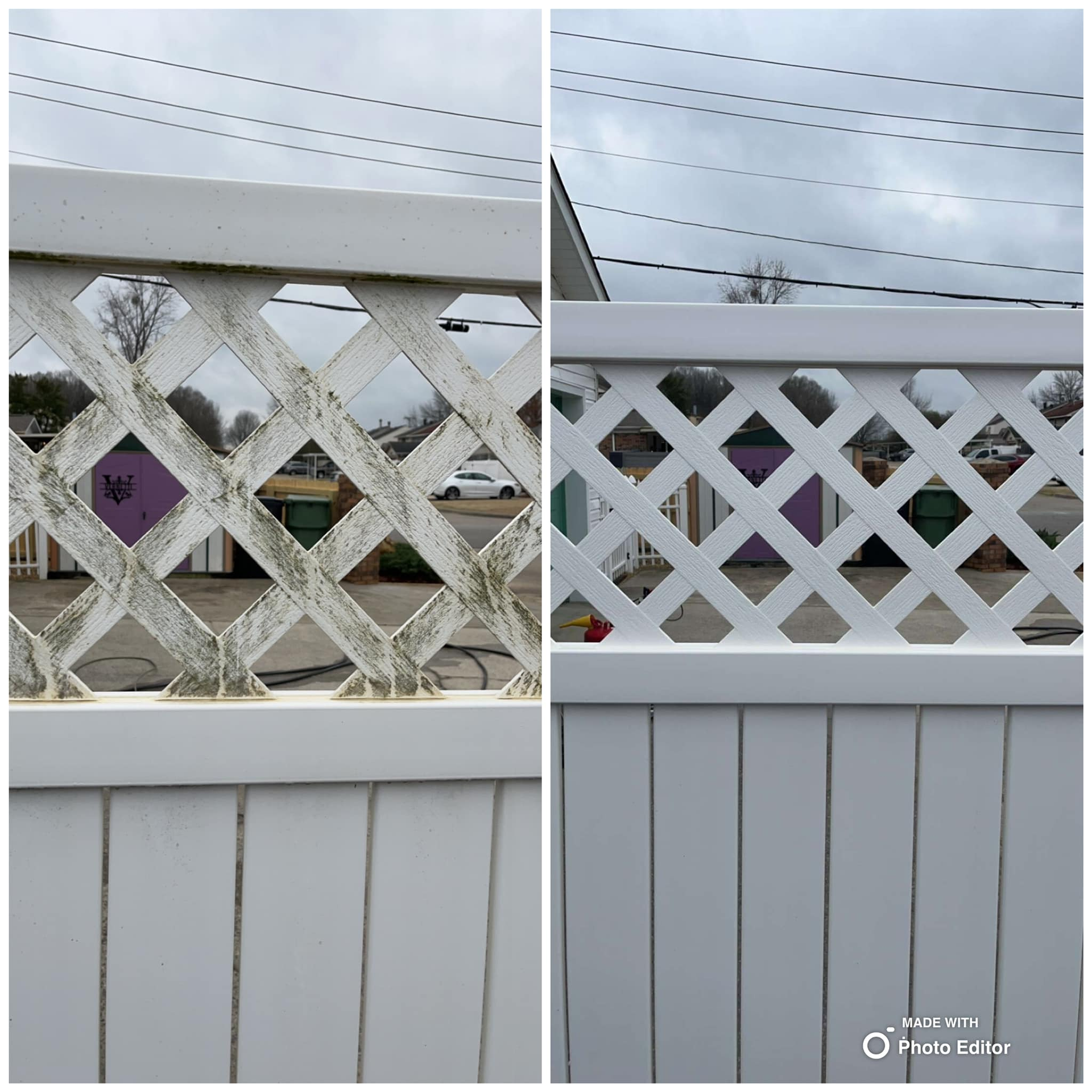 Before and after comparison of a white lattice fence cleaned. Right side shows the cleaned fence, left shows the dirty one.