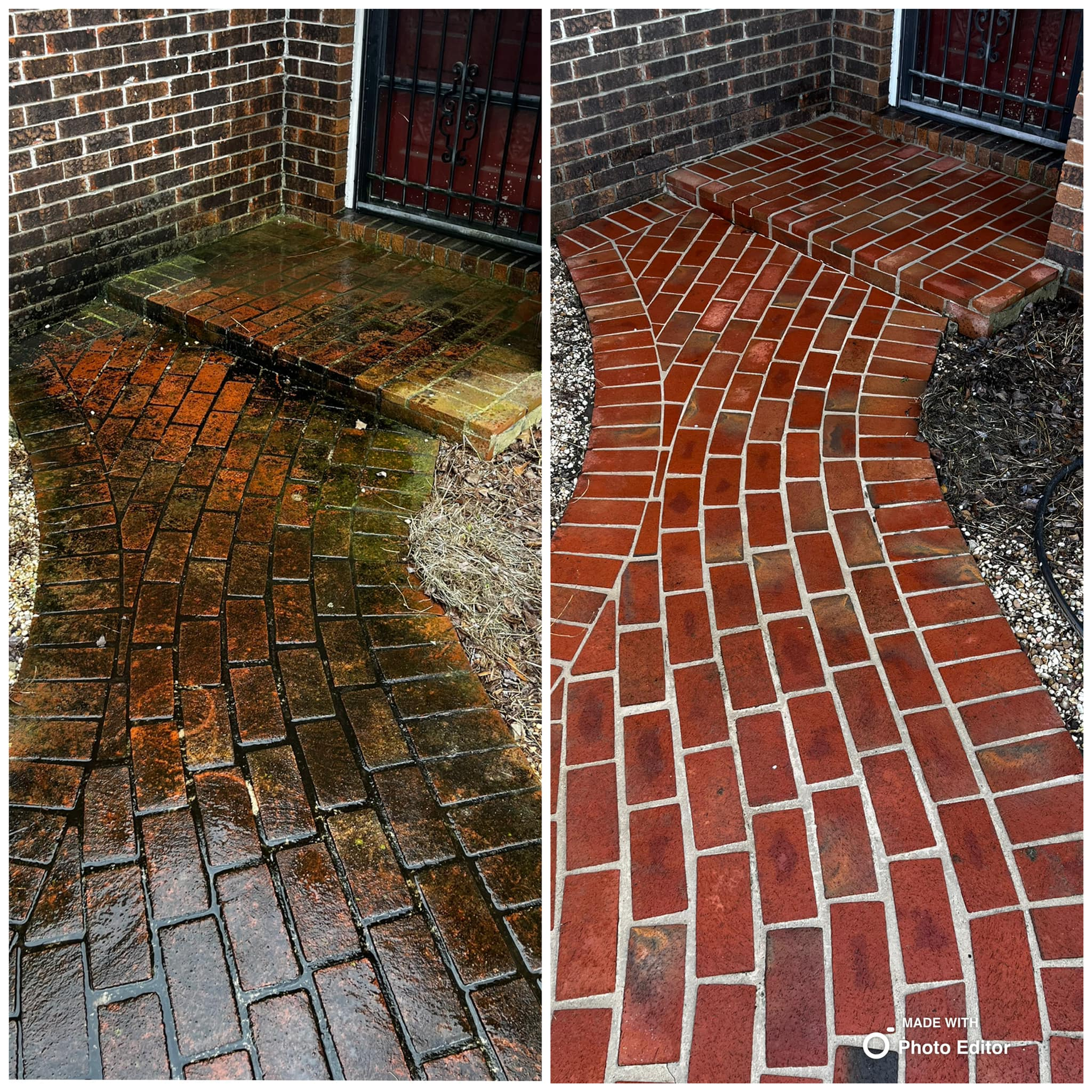 Before and after photo of brick walkway cleaned with power washer; bricks are red.
