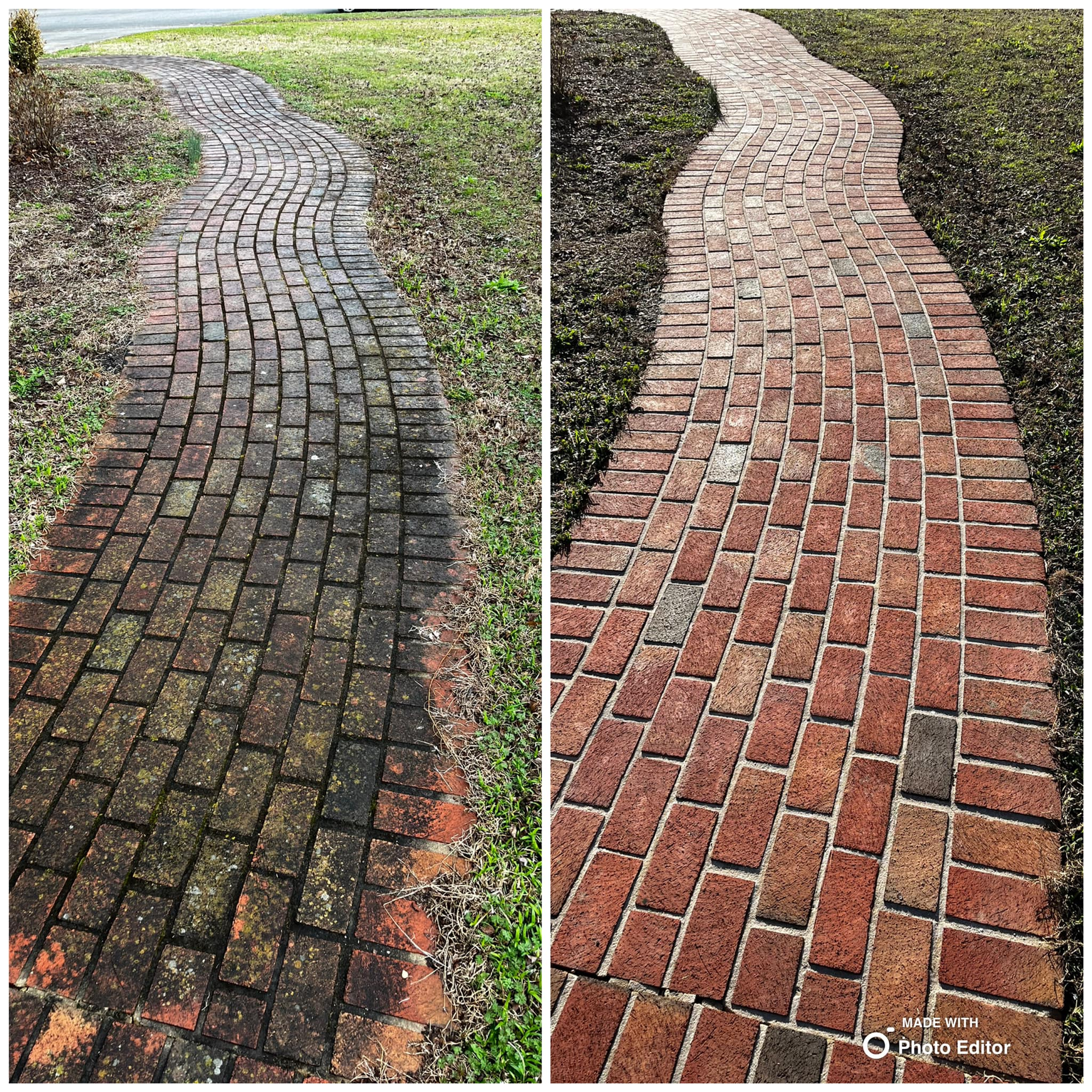 Before and after of a brick pathway, cleaned with pressure washer. Bricks turn from green/dirty to red/clean.