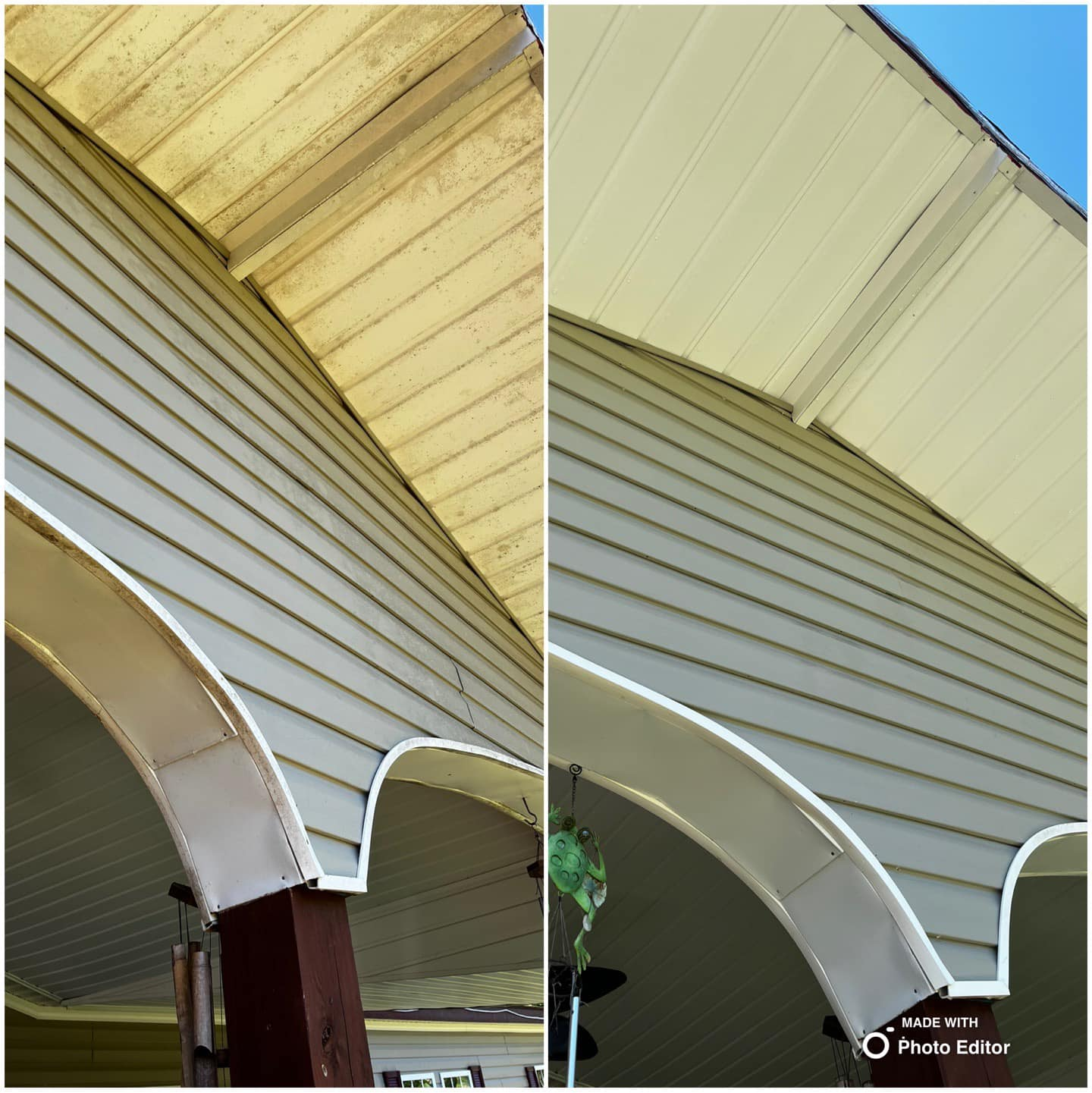 Before and after of house siding cleaned; white siding, tan trim.