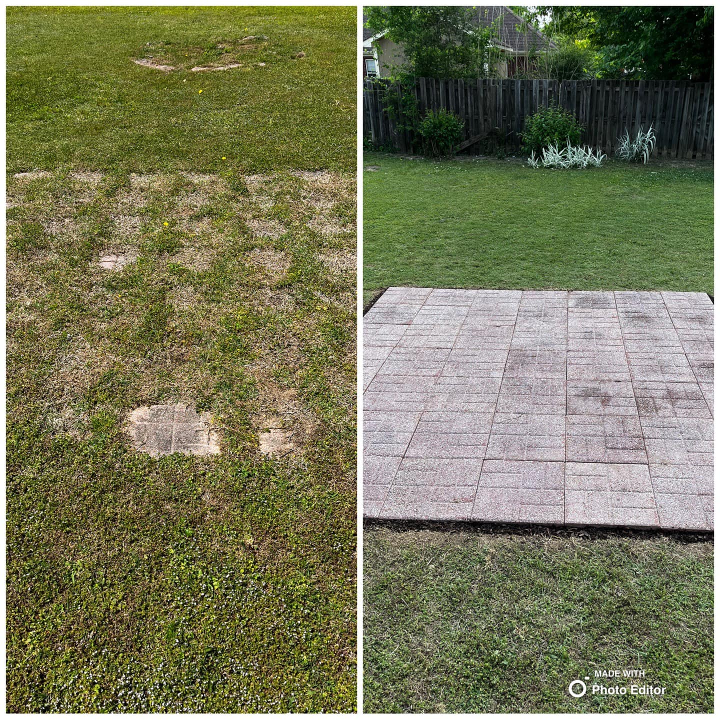 Side-by-side comparison: patchy lawn with visible concrete compared to a neatly paved patio with a green lawn.
