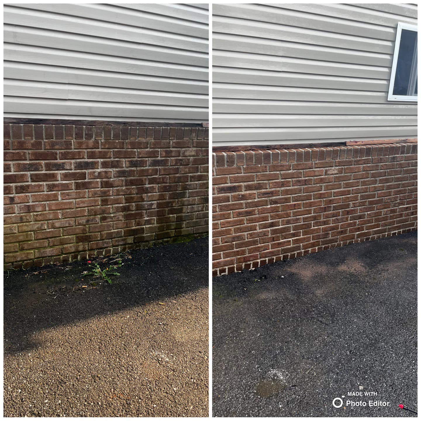 Before and after of brick wall cleaning. Brown brick wall cleaned of dirt and grime.