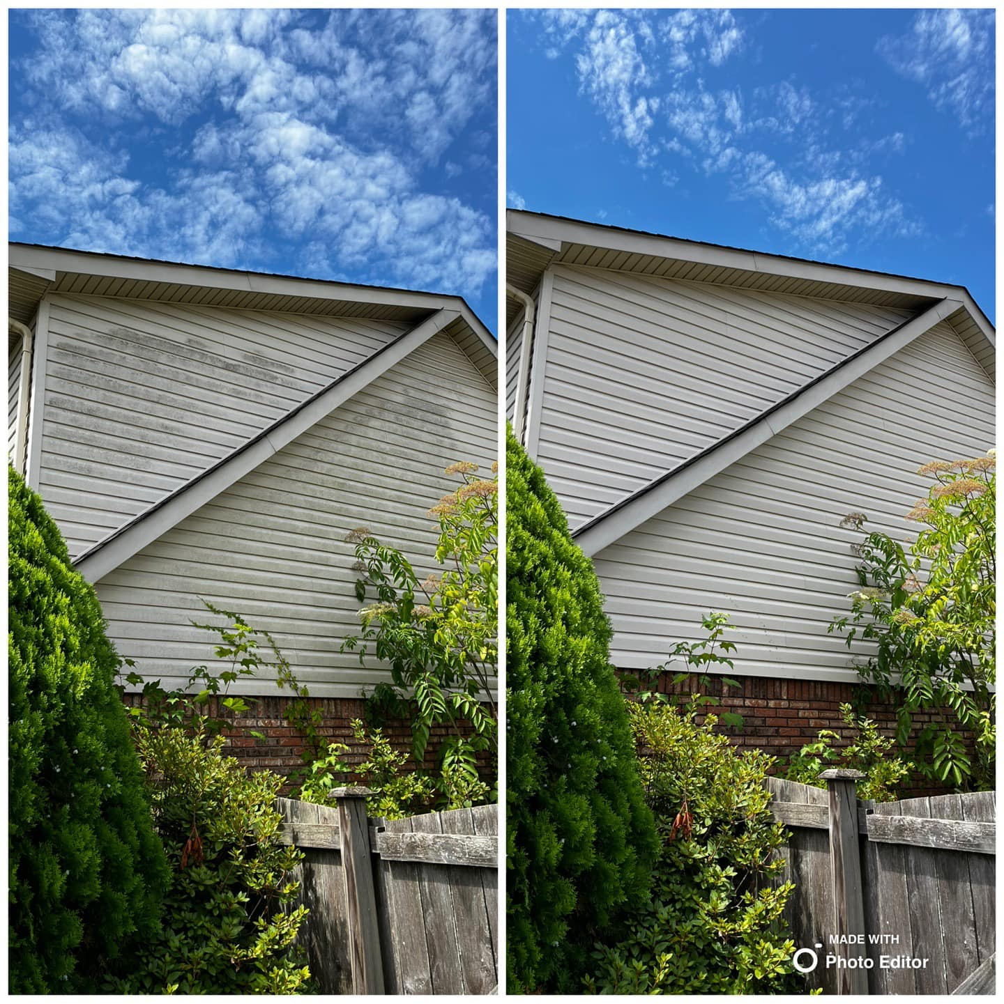 Two images: house siding before and after cleaning, bright blue sky, green bushes, wooden fence.