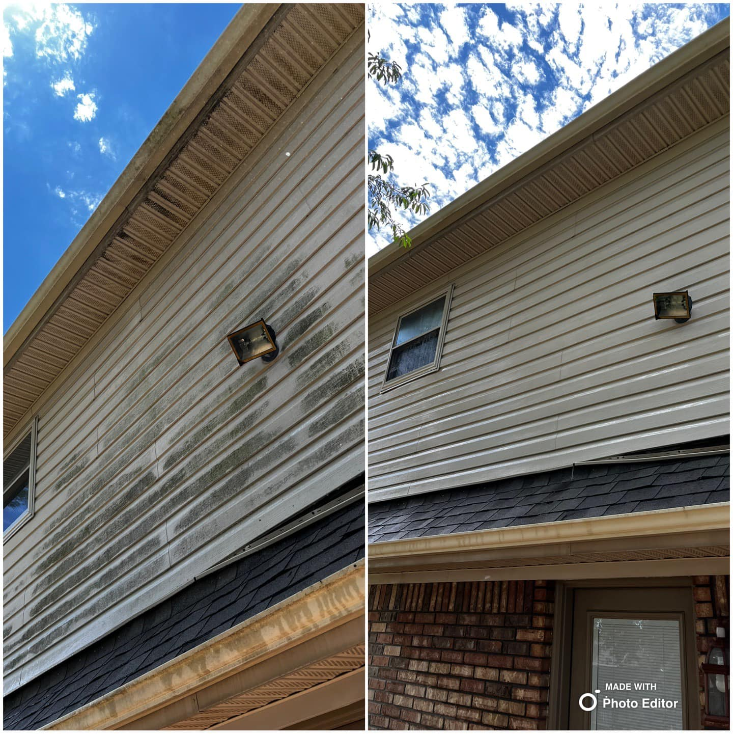 Before and after photos of house siding cleaning. Grey siding with visible algae is now clean against a blue sky.