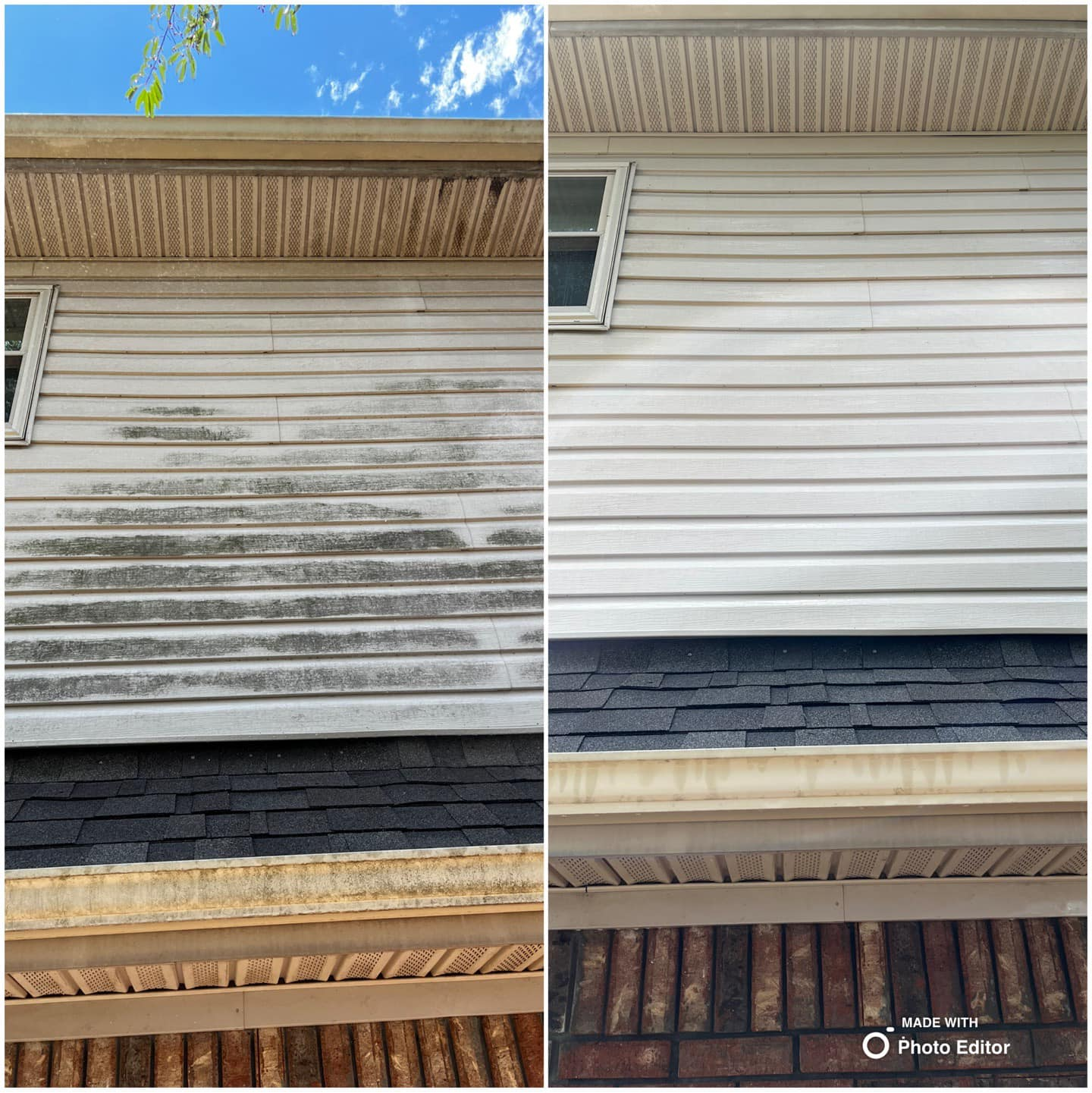 Comparison of a house's siding before and after cleaning. Dirty, green siding versus bright white.