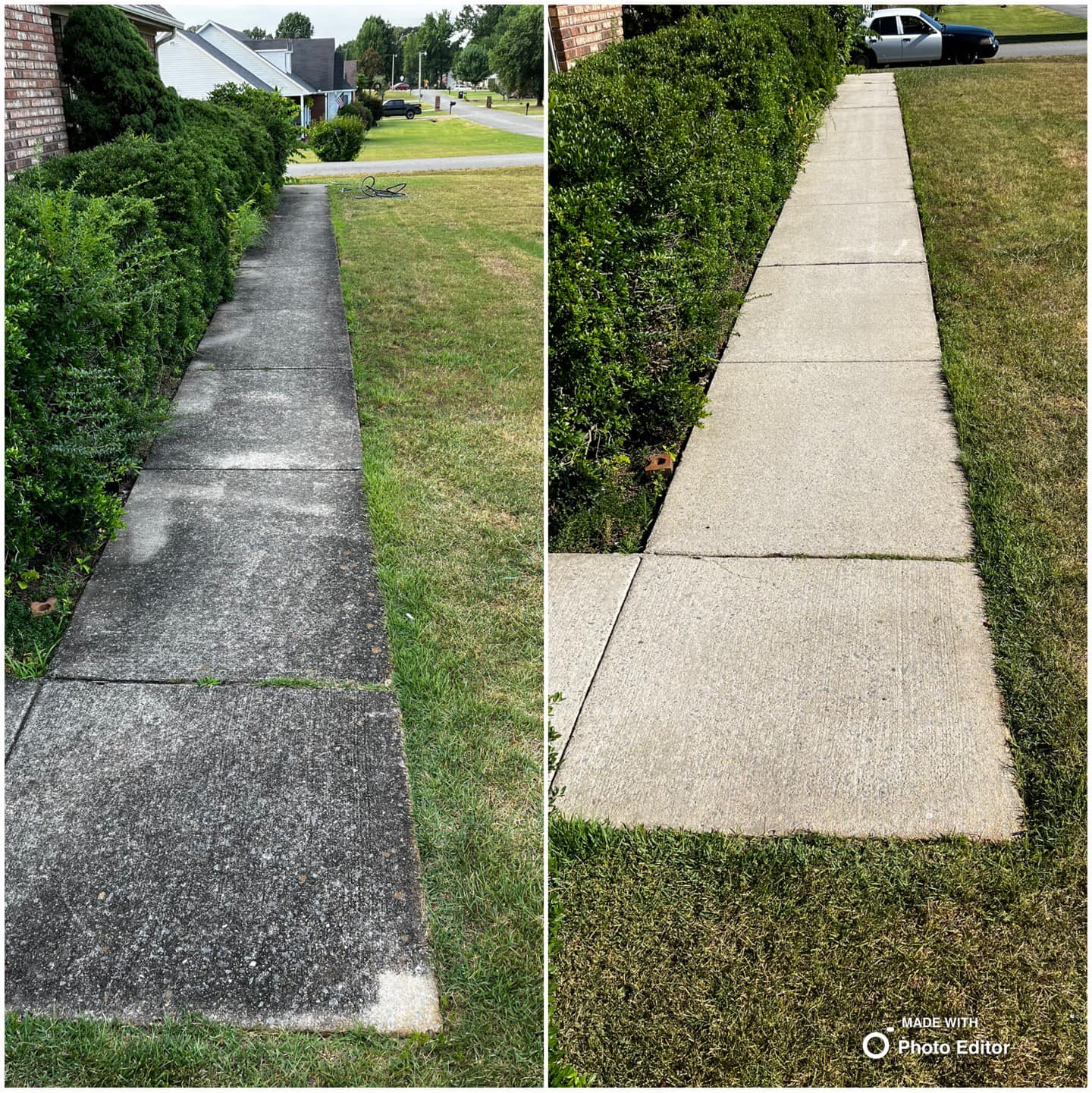 Before and after of a concrete sidewalk cleaned with a pressure washer, showing a noticeable difference in cleanliness.