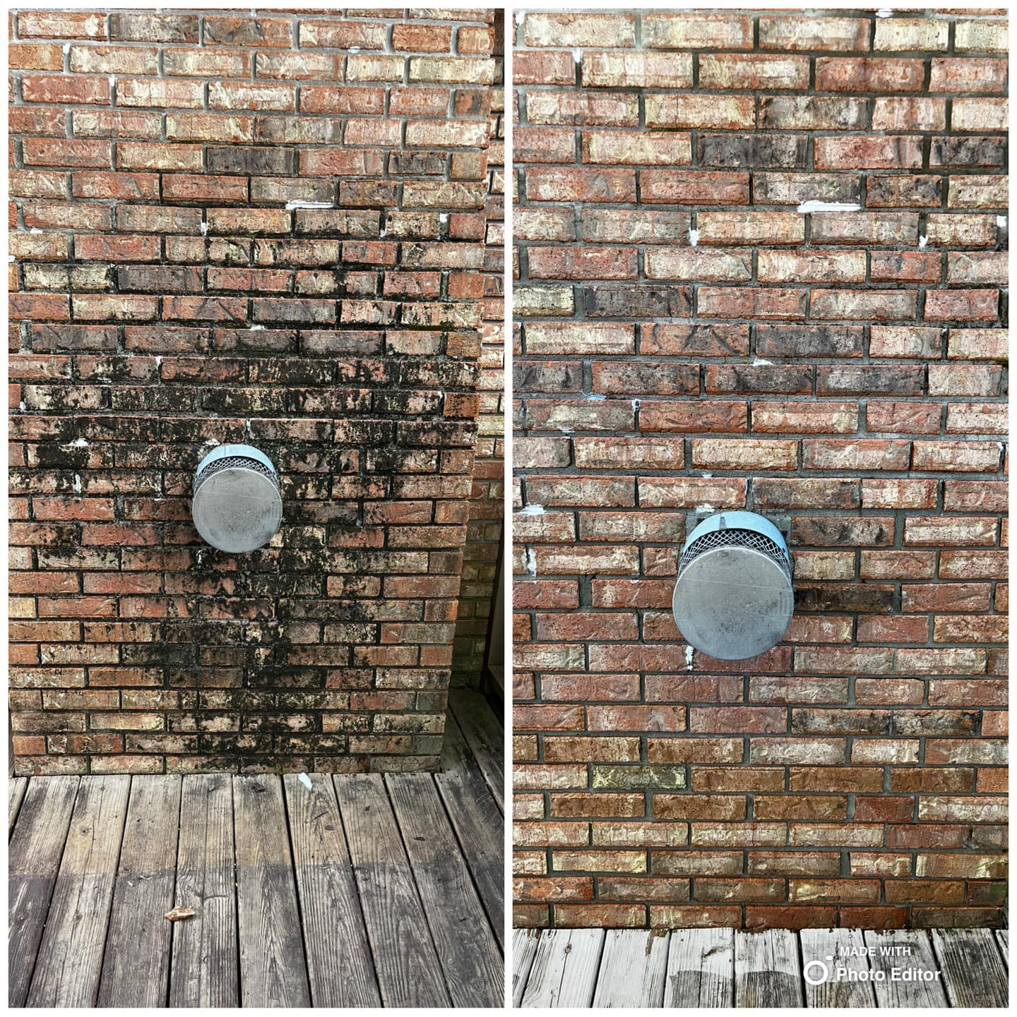 Brick wall before and after cleaning. Black mold removed from the wall.
