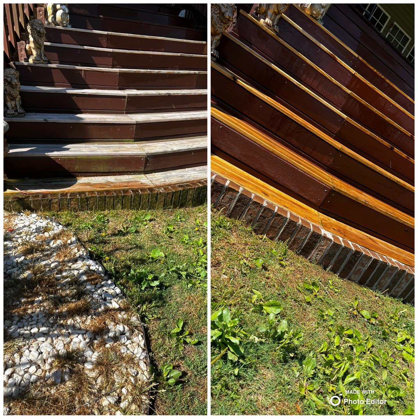Before and after view of brown wooden stairs, grass and brick edging.