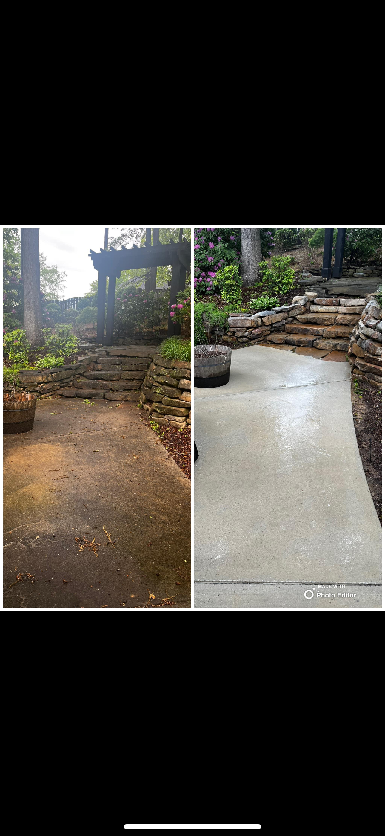 Before and after of a concrete patio being power washed.