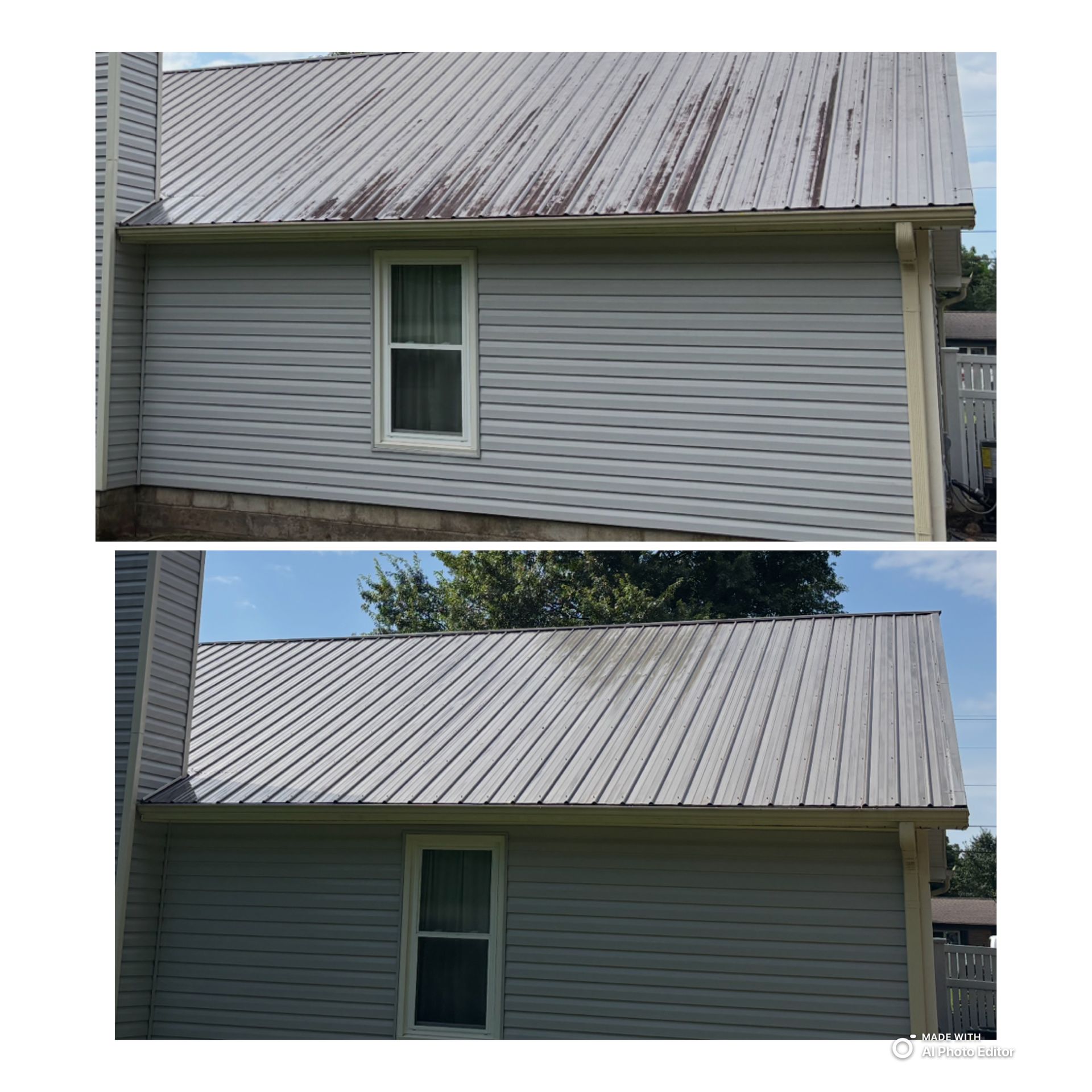 Before and after photos of a house roof and siding cleaning. Showing the removal of dirt and algae.