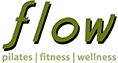 The logo for flow pilates fitness wellness is green and white.