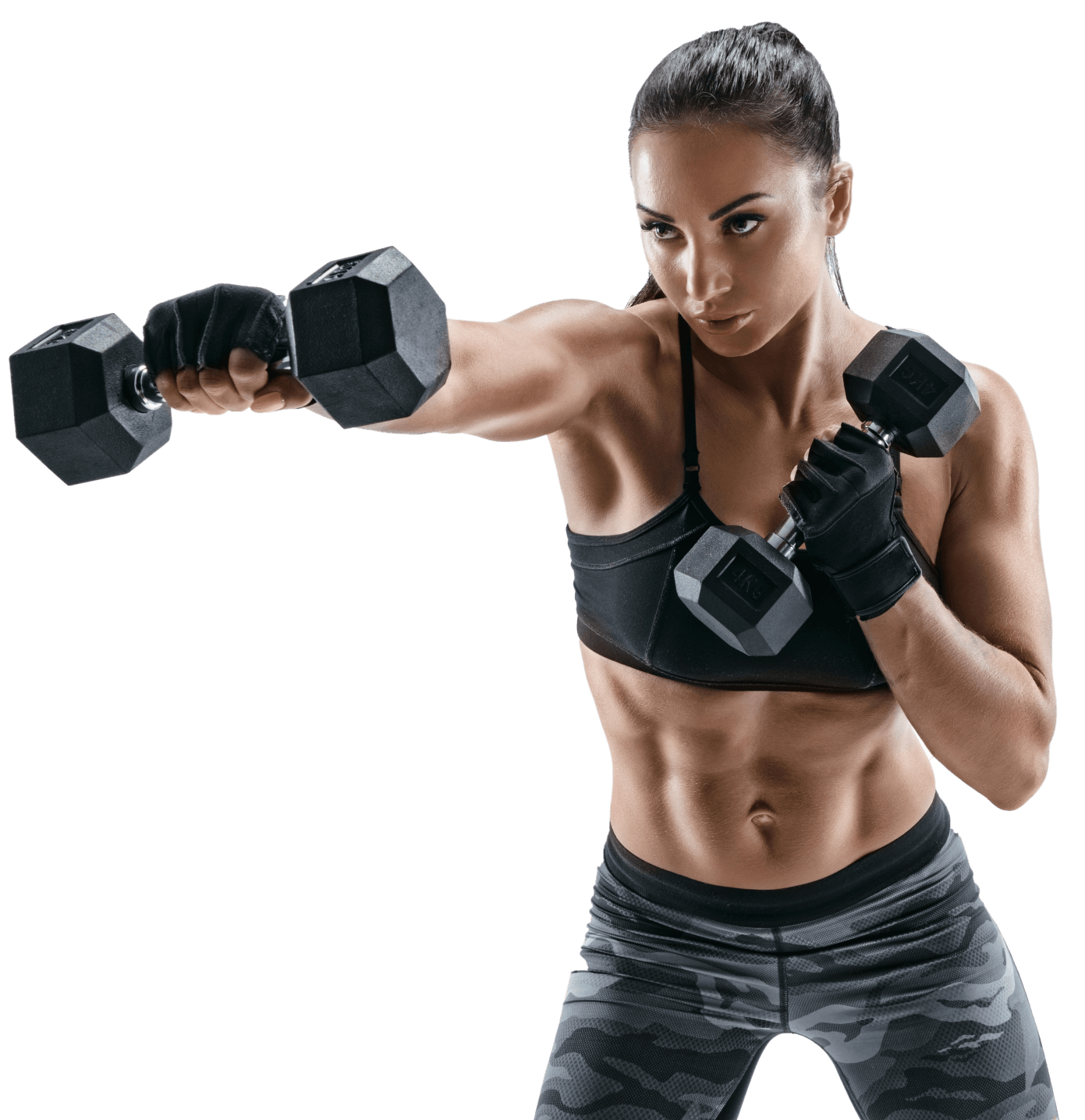 Sporty woman doing boxing exercises, making direct hit with dumbbells. Photo of muscular female wearing sportswear on white background. Strength and motivation
