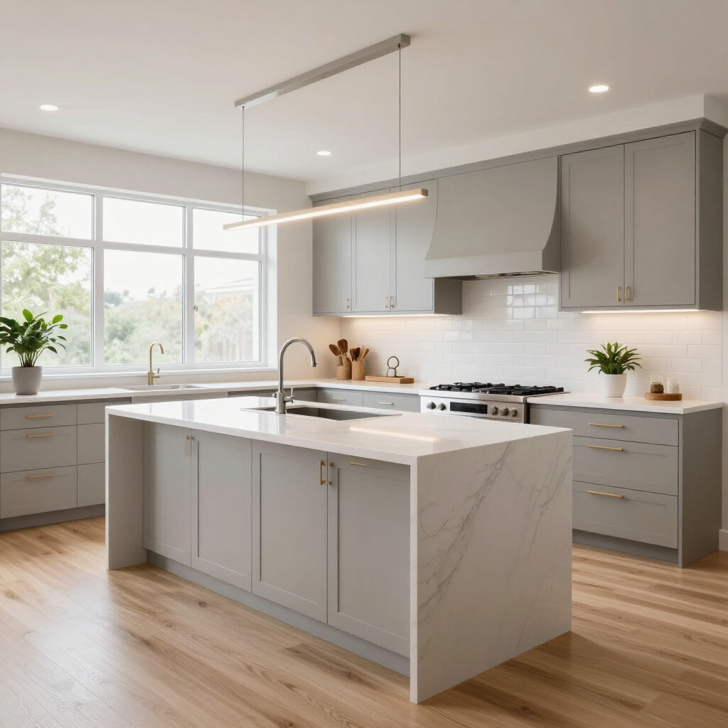 Bright modern kitchen with gray cabinets, white island, wood floors, and large window.